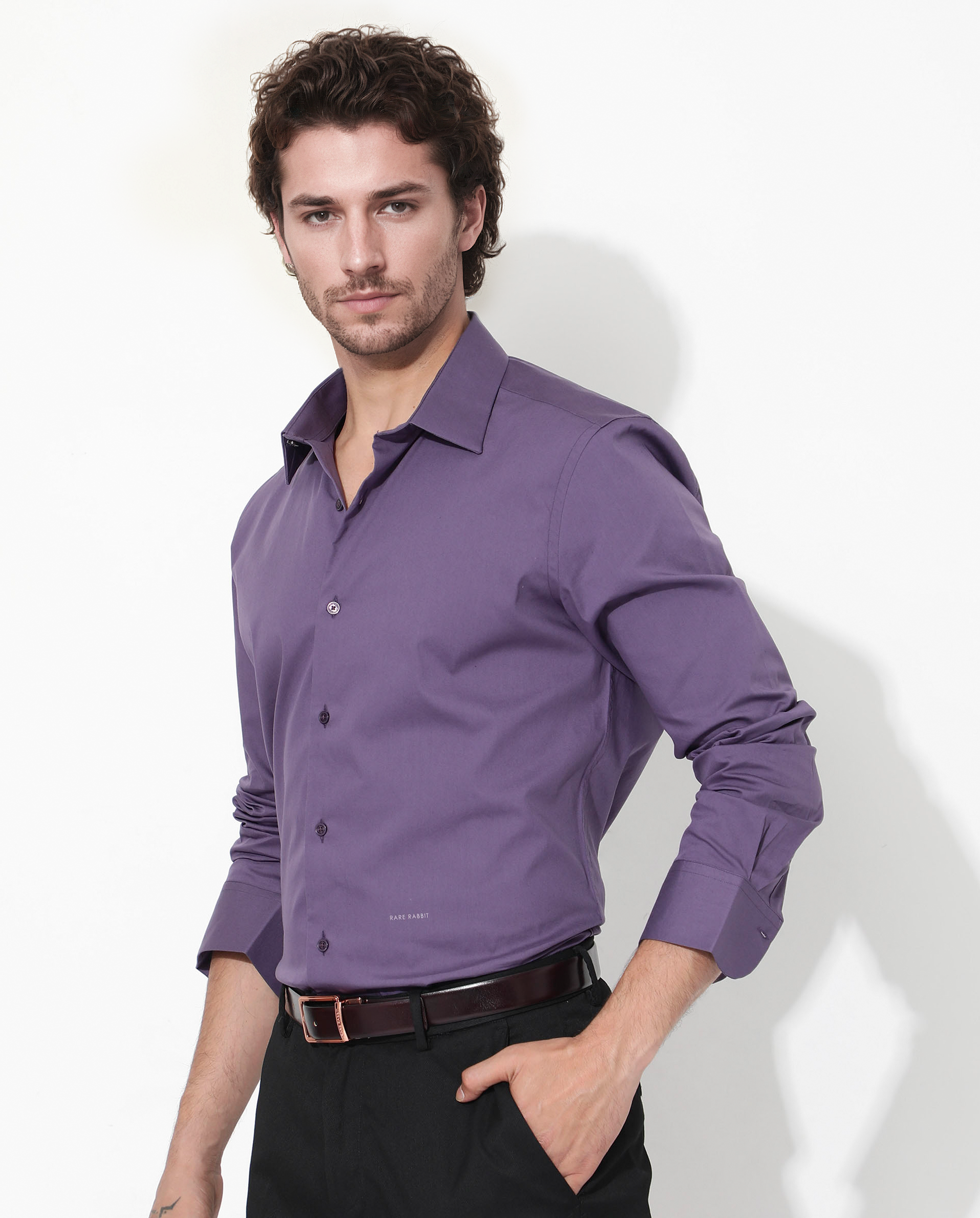 Rare Rabbit Men's Benedict Dusky Purple Cotton Poly Elastane Blend Fabric Full Sleeve Solid Formal Shirt