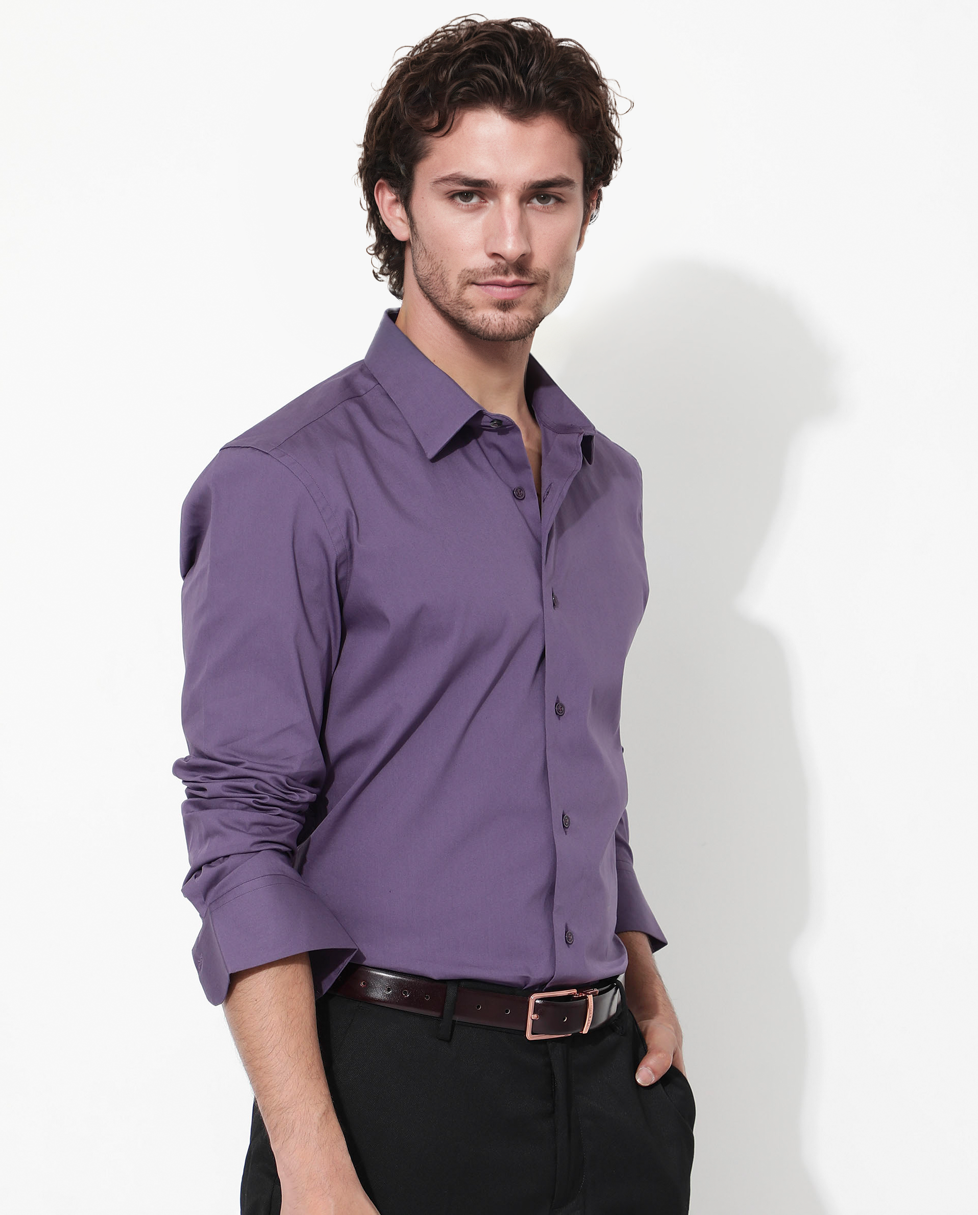 Rare Rabbit Men's Benedict Dusky Purple Cotton Poly Elastane Blend Fabric Full Sleeve Solid Formal Shirt