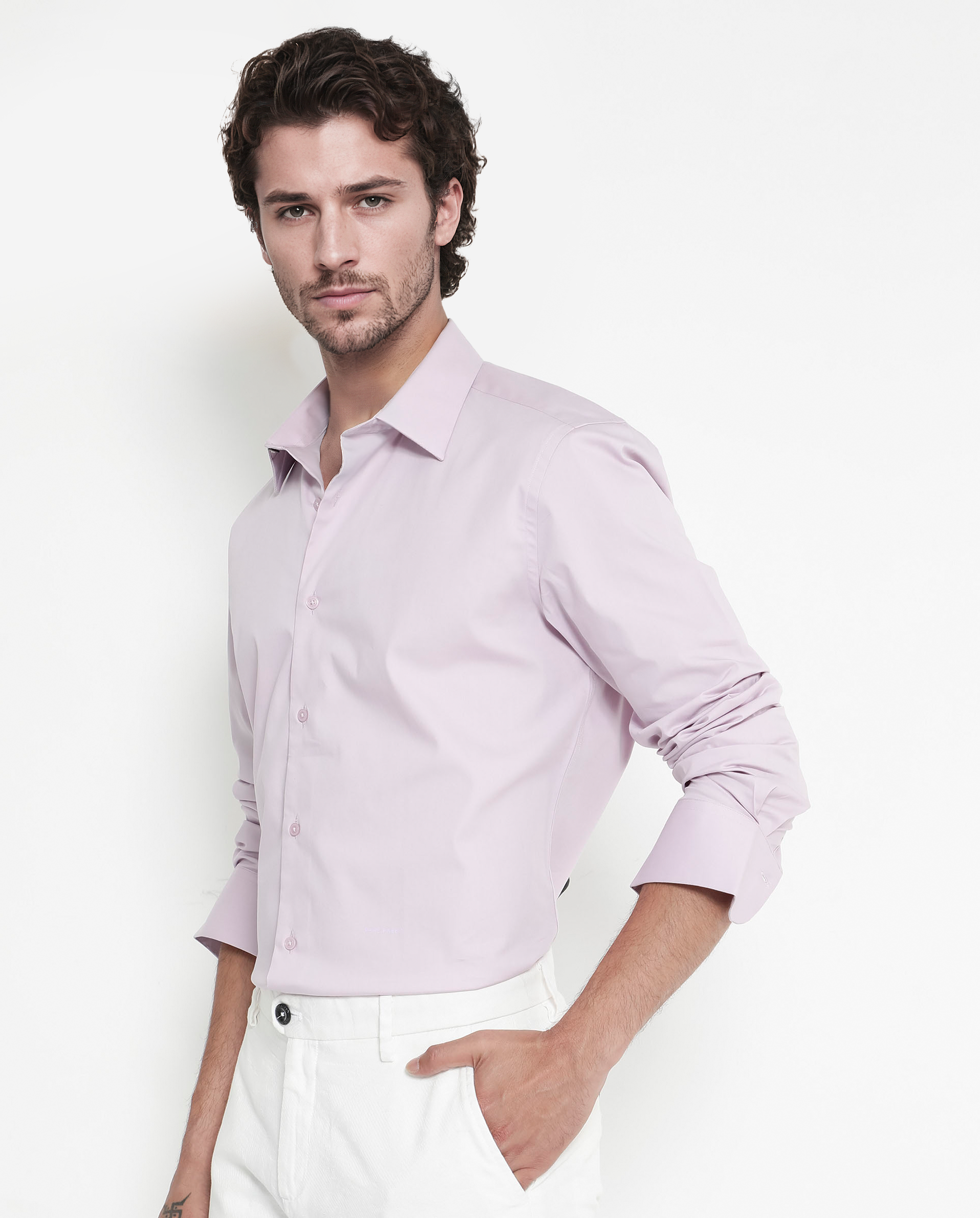 Rare Rabbit Men's Benedict Pastel Pink Cotton Poly Elastane Blend Fabric Full Sleeve Solid Formal Shirt