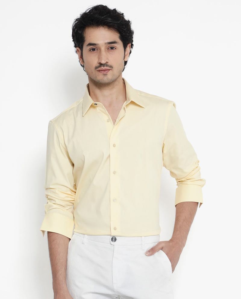 Rare Rabbit Men's Benedict Pastel Yellow Cotton Poly Elastane Blend Fabric Full Sleeve Solid Formal Shirt