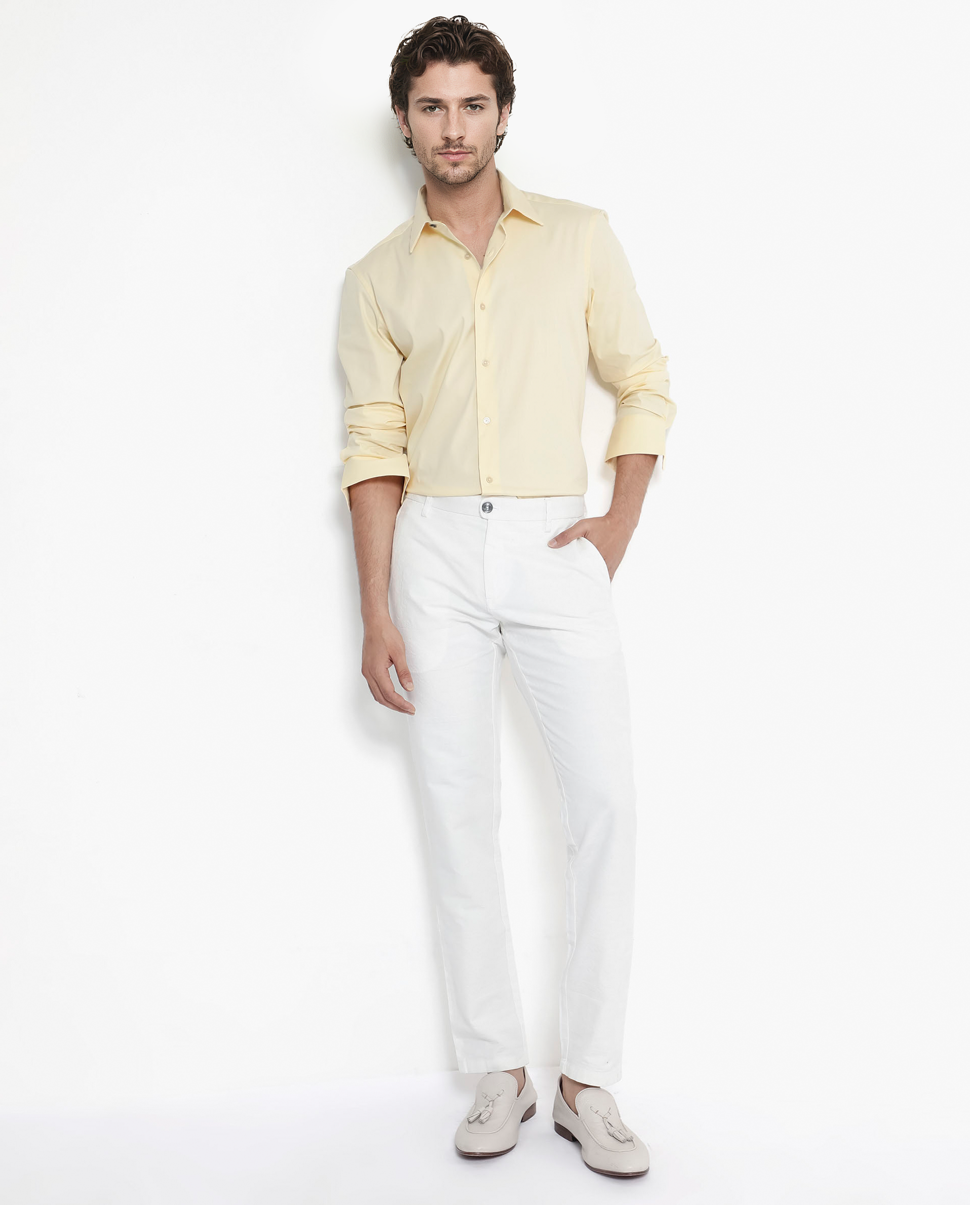 Rare Rabbit Men's Benedict Pastel Yellow Cotton Poly Elastane Blend Fabric Full Sleeve Solid Formal Shirt