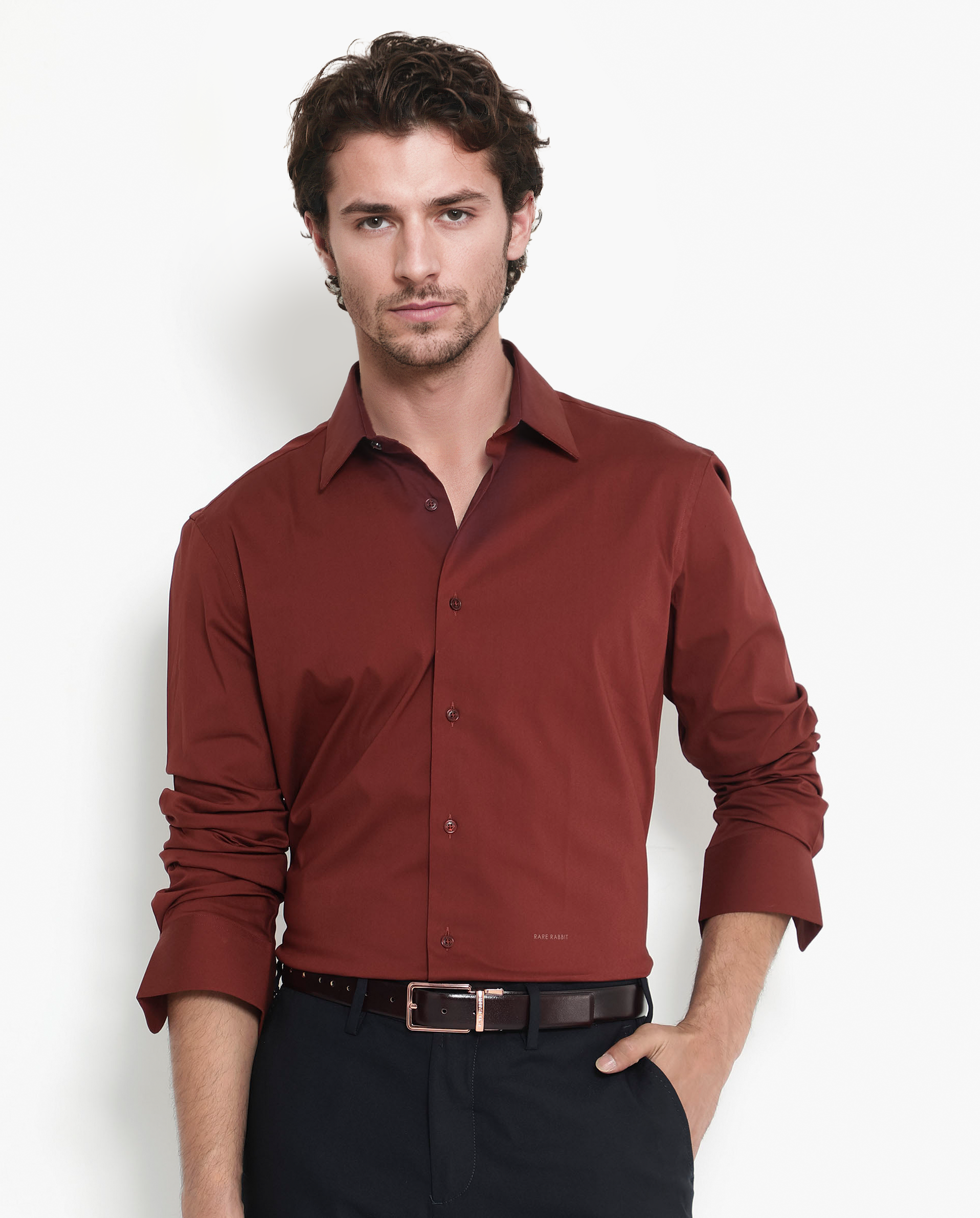 Rare Rabbit Men's Benedict Rust Cotton Poly Elastane Blend Fabric Full Sleeve Solid Formal Shirt