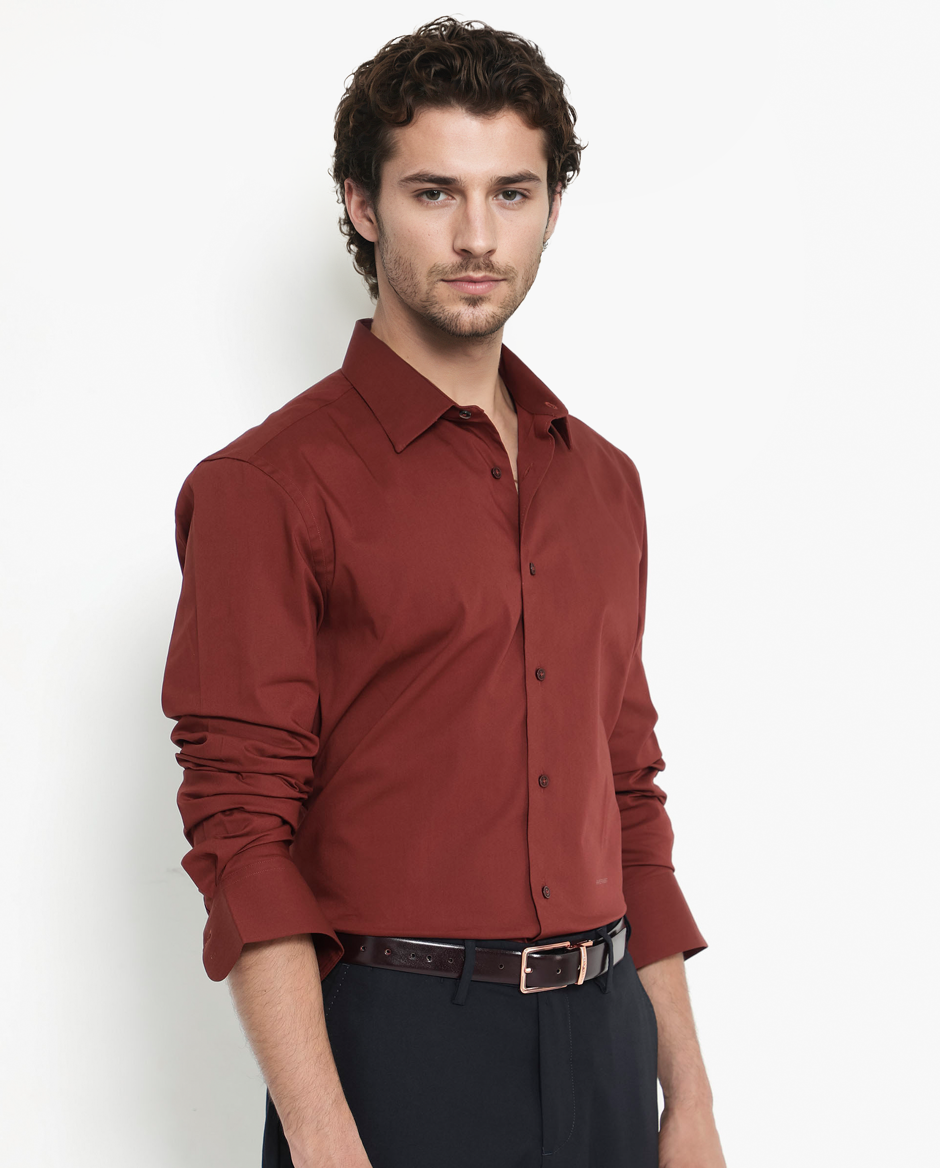 Rare Rabbit Men's Benedict Rust Cotton Poly Elastane Blend Fabric Full Sleeve Solid Formal Shirt