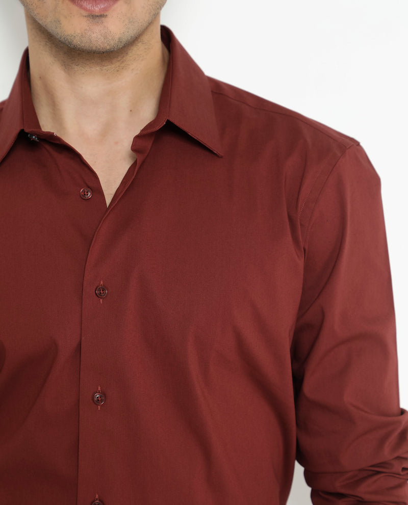 Rare Rabbit Men's Benedict Rust Cotton Poly Elastane Blend Fabric Full Sleeve Solid Formal Shirt