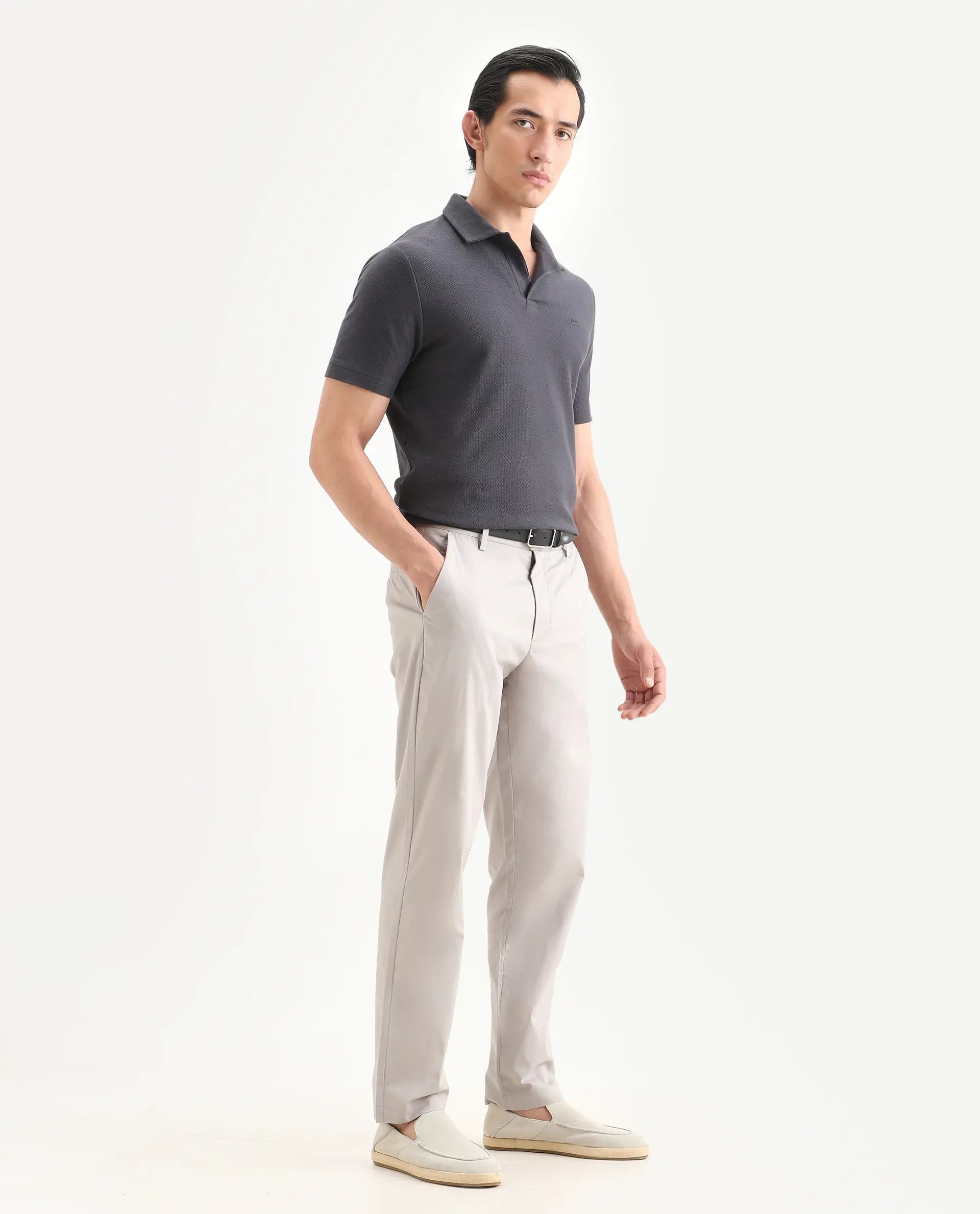 Rare Rabbit Men Bene Light Grey Cotton Blend Fabric Button Closure Straight Fit Plain Trouser