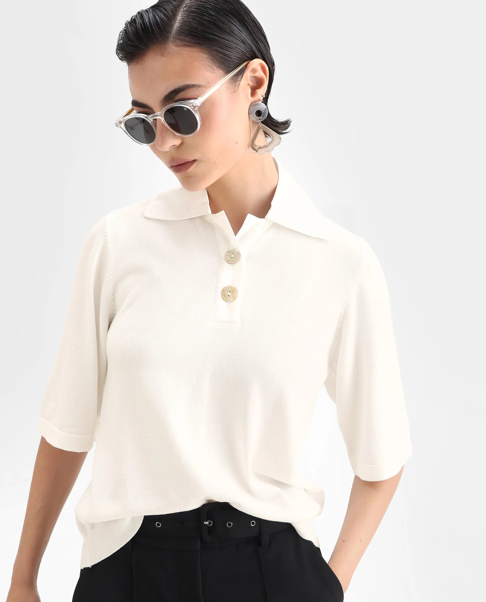 Rareism Women's Bene White Drop Collar Plain Relaxed Fit Top