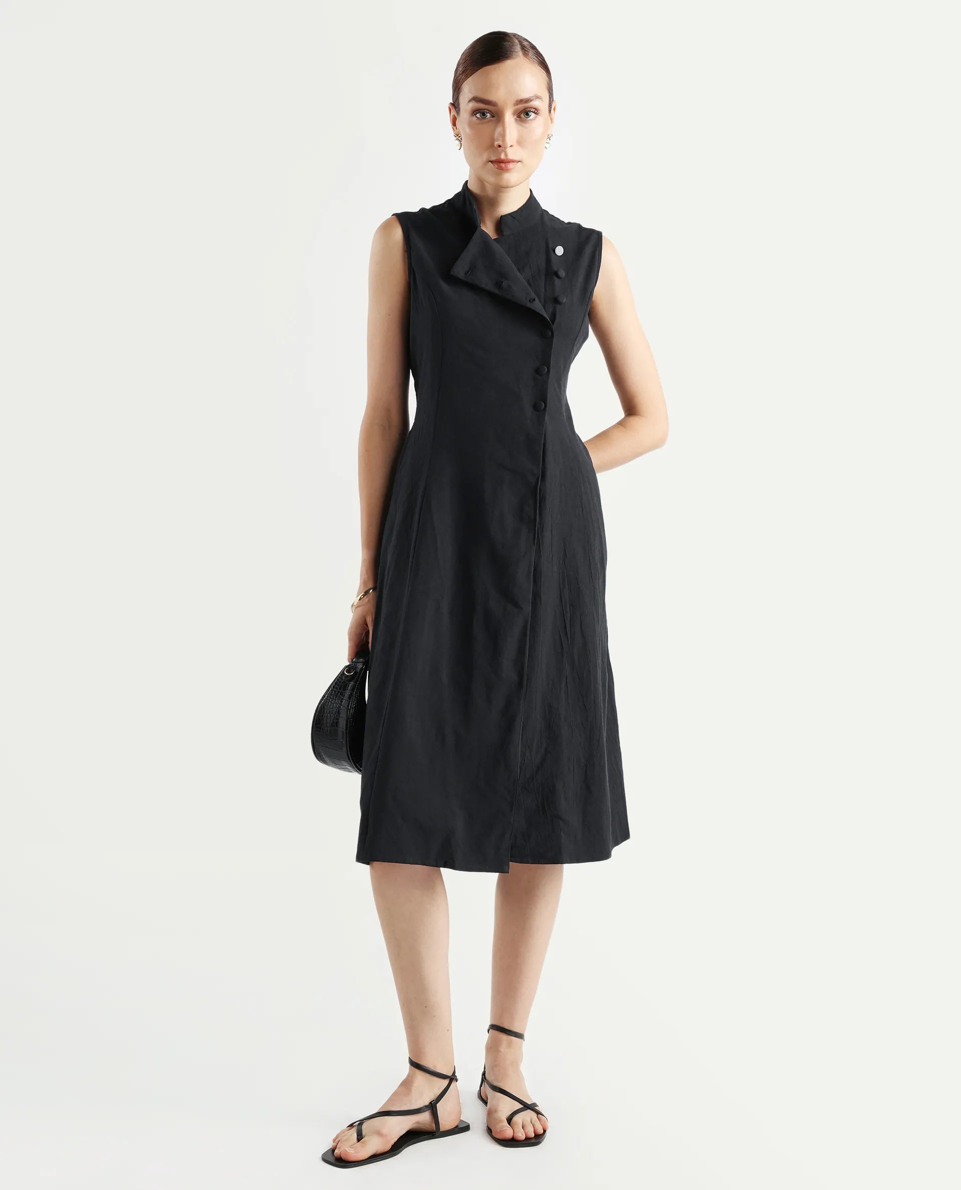 Rareism Women's Beniz Dark Black Cotton High Neck Plain Sleeveless Midi A-Line Dress