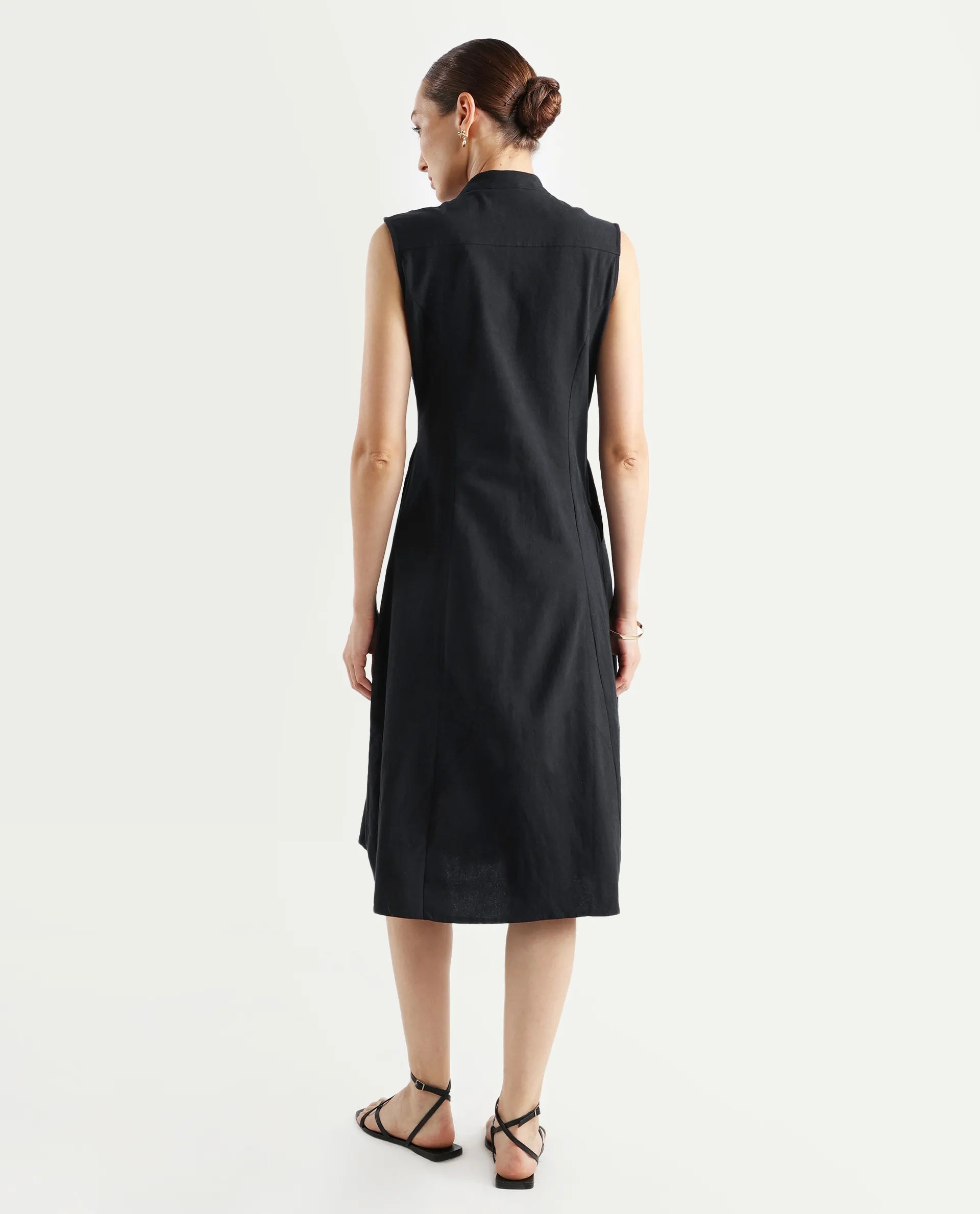 Rareism Women's Beniz Dark Black Cotton High Neck Plain Sleeveless Midi A-Line Dress