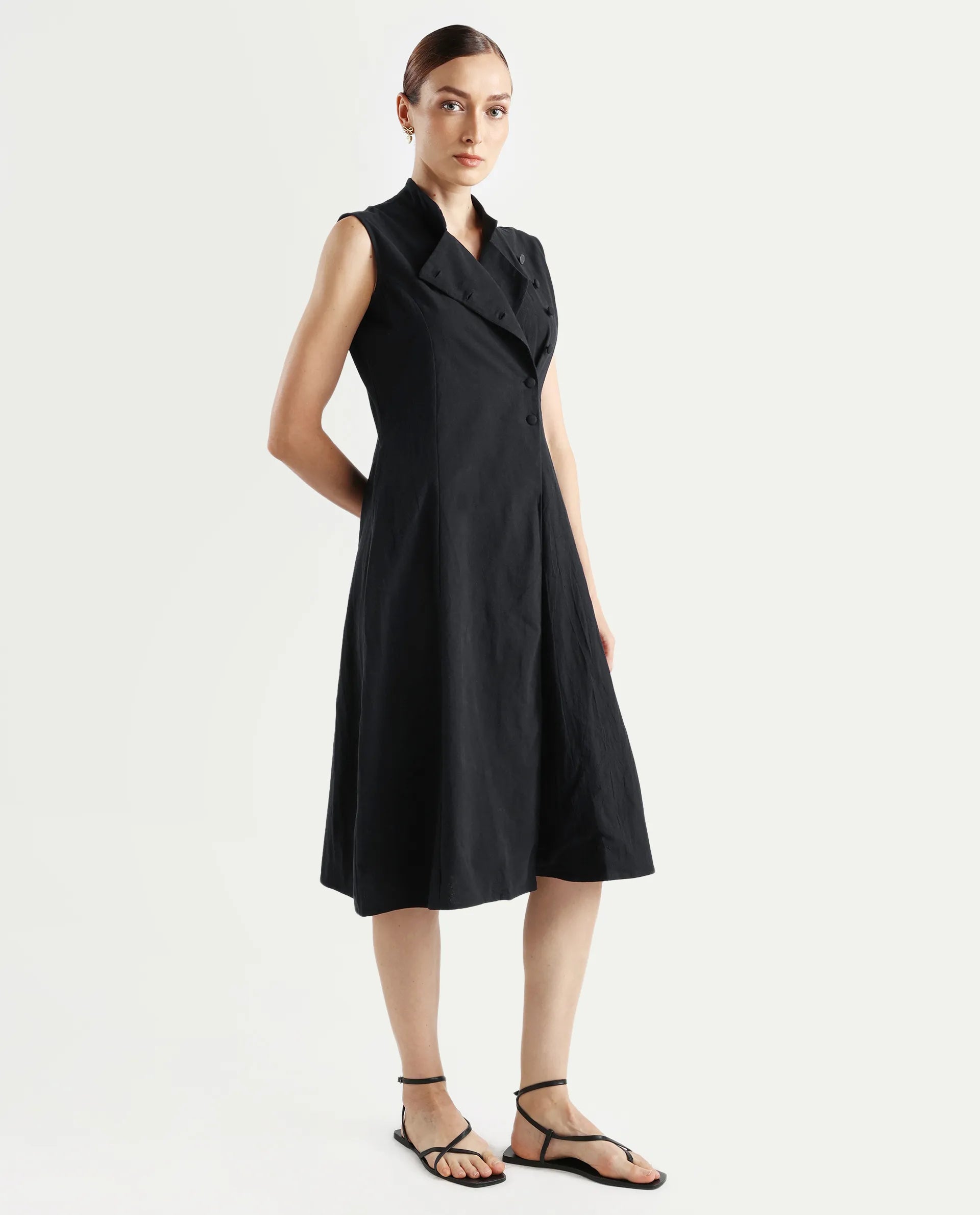 Rareism Women's Beniz Dark Black Cotton High Neck Plain Sleeveless Midi A-Line Dress