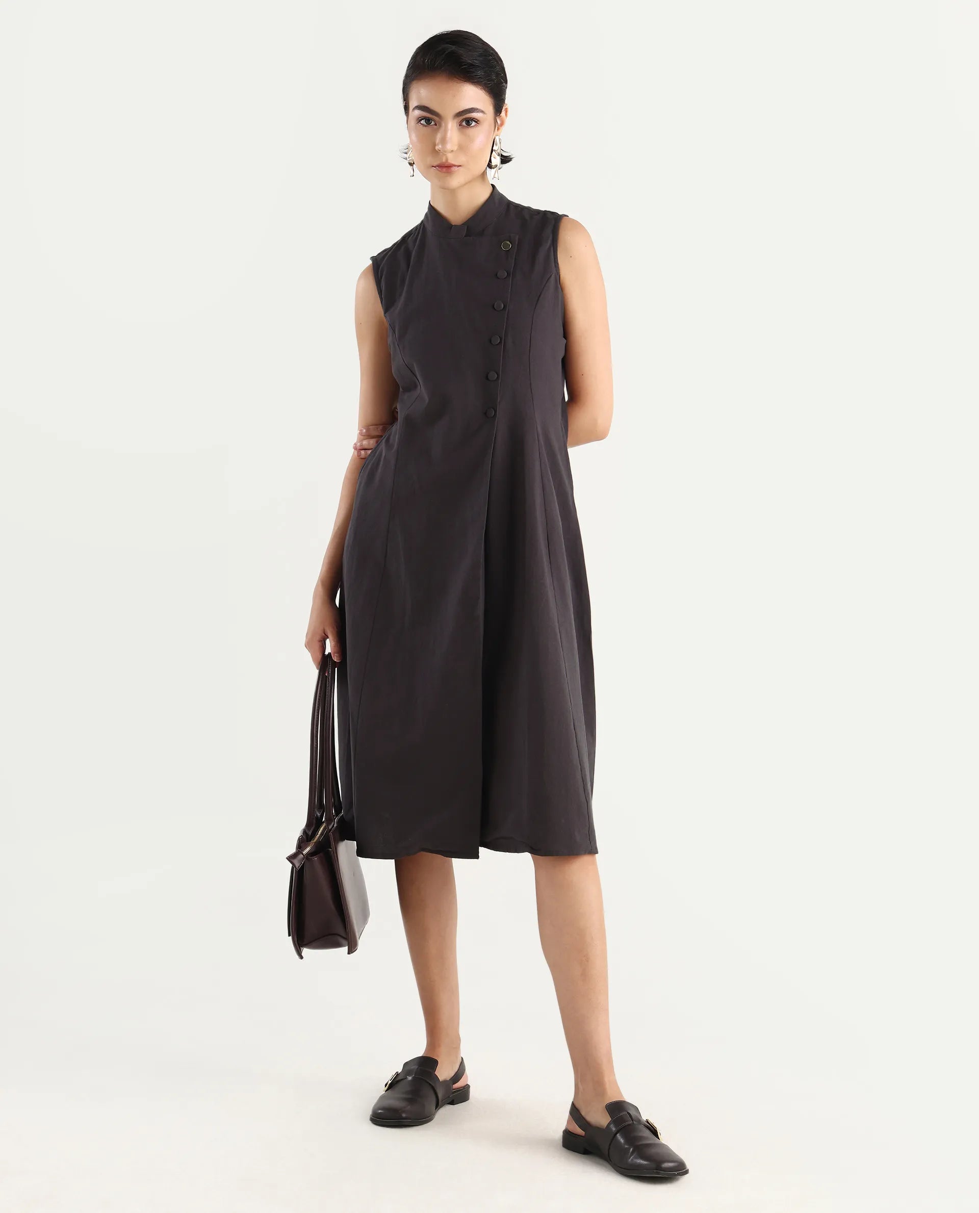 Rareism Women's Beniz Dark Brown Cotton High Neck Plain Sleeveless Midi A-Line Dress