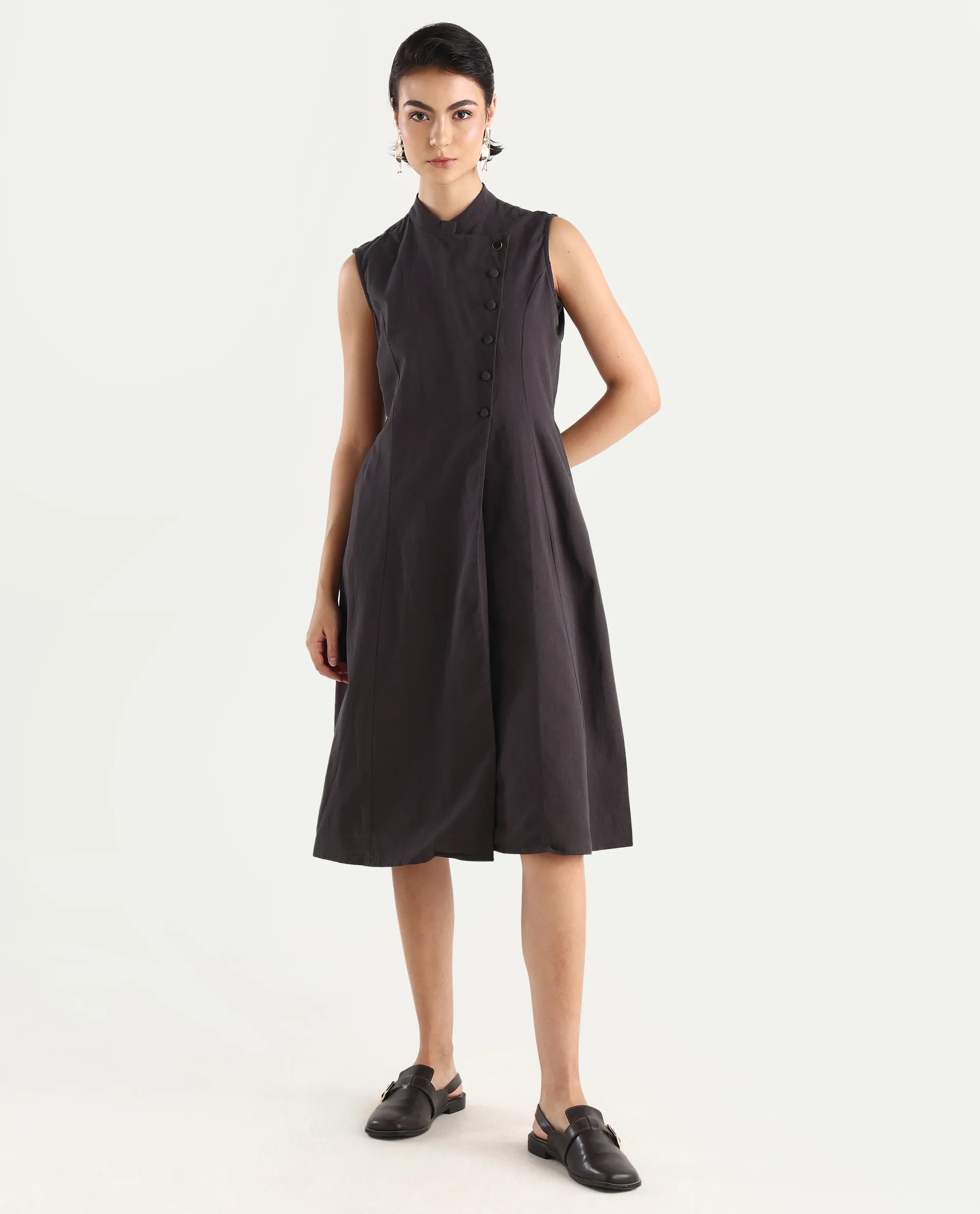 Rareism Women's Beniz Dark Brown Cotton High Neck Plain Sleeveless Midi A-Line Dress