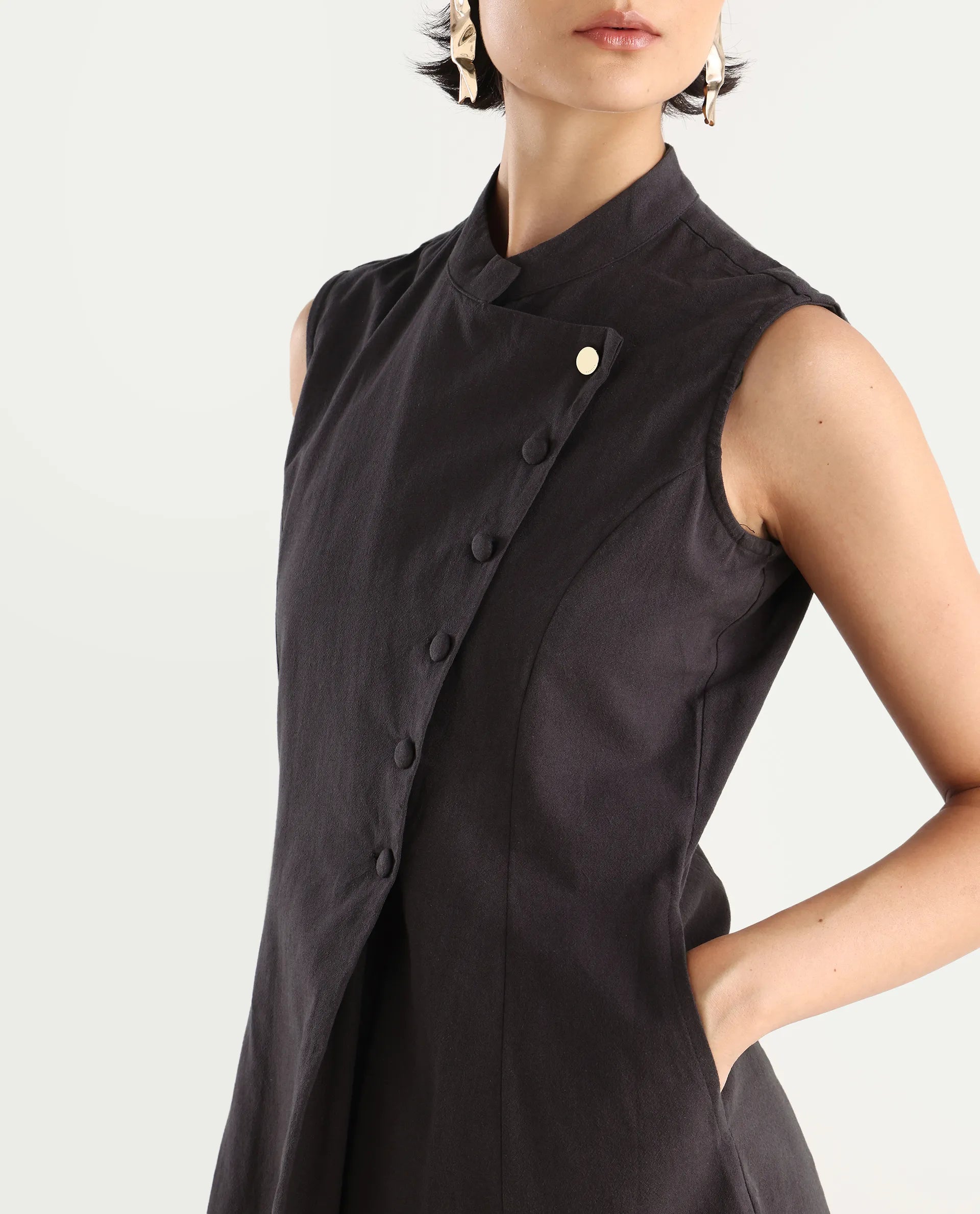 Rareism Women's Beniz Dark Brown Cotton High Neck Plain Sleeveless Midi A-Line Dress