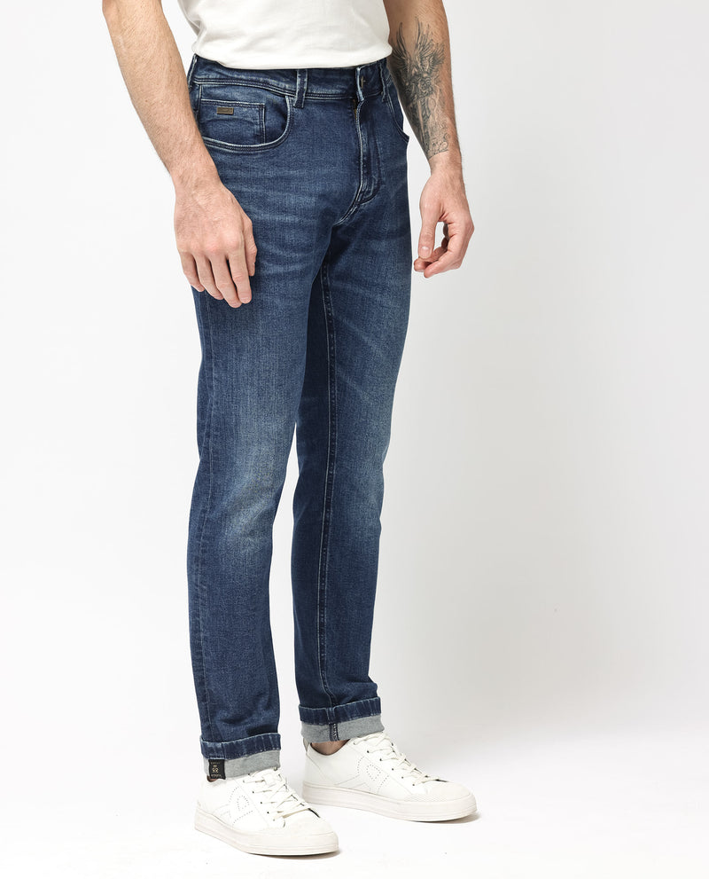 Rare Rabbit Mens Benn Blue Cotton Polyester Mid Wash Solid Slim Fit Jeans