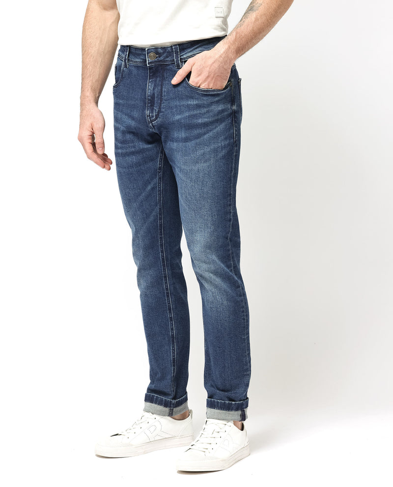 Rare Rabbit Mens Benn Blue Cotton Polyester Mid Wash Solid Slim Fit Jeans