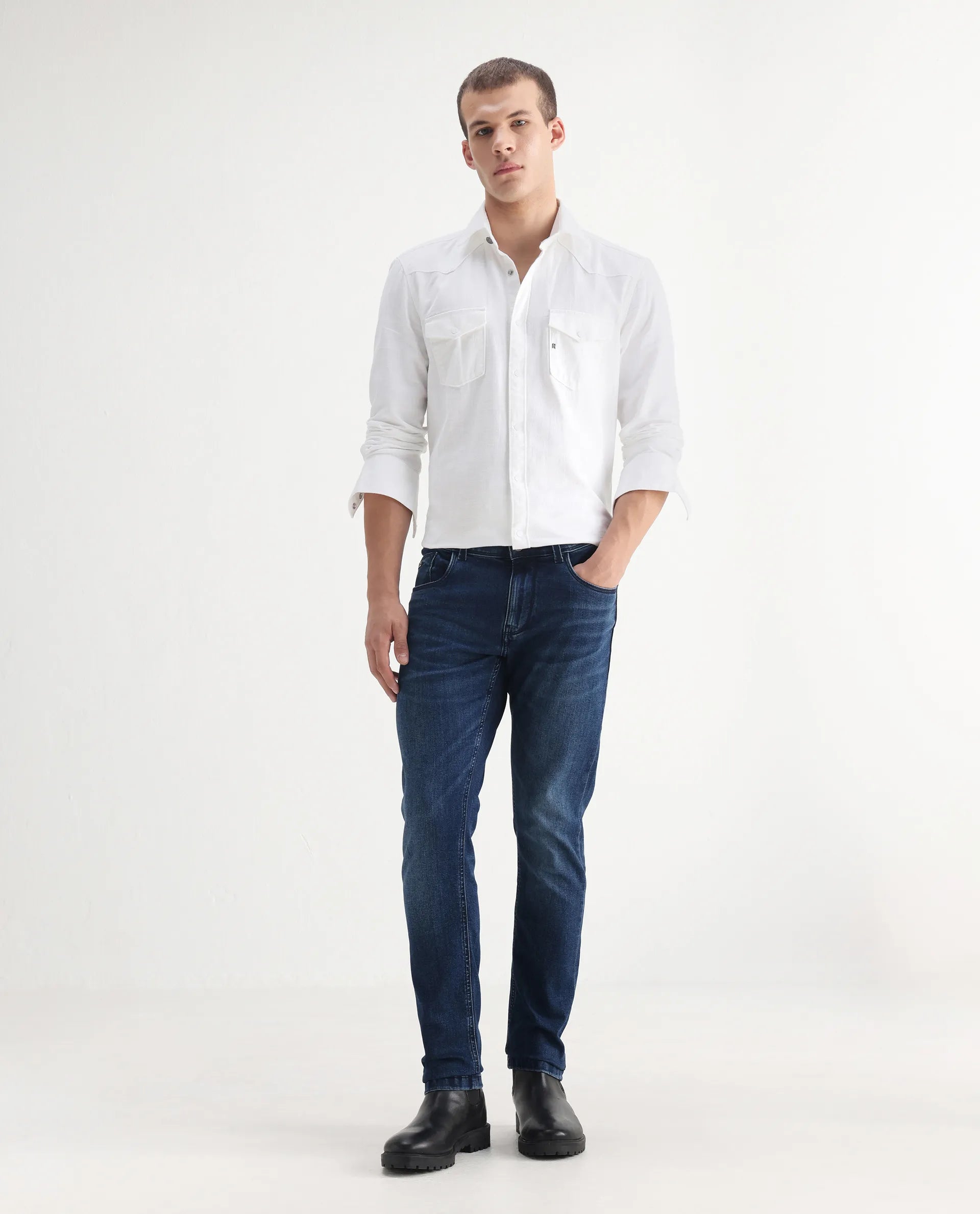 Rare Rabbit Men's Benn Blue Cotton Blend Plain Hawk Slim Fit Jeans