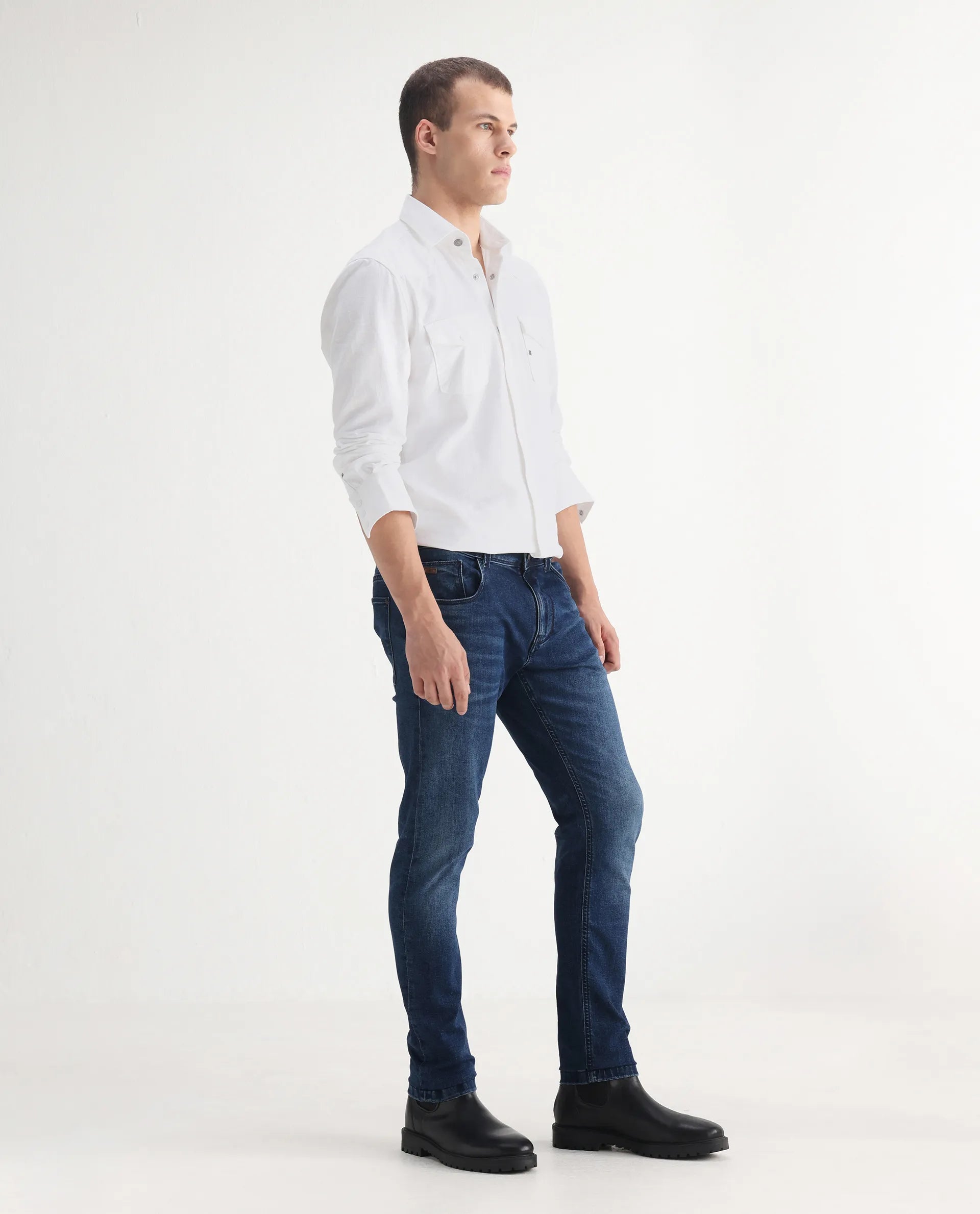 Rare Rabbit Men's Benn Blue Cotton Blend Plain Hawk Slim Fit Jeans
