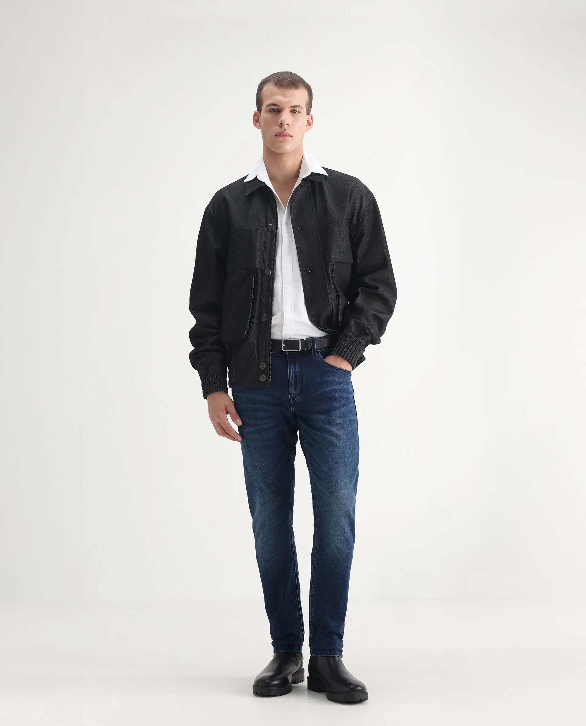 Rare Rabbit Men's Benn Blue Cotton Blend Plain Hawk Slim Fit Jeans