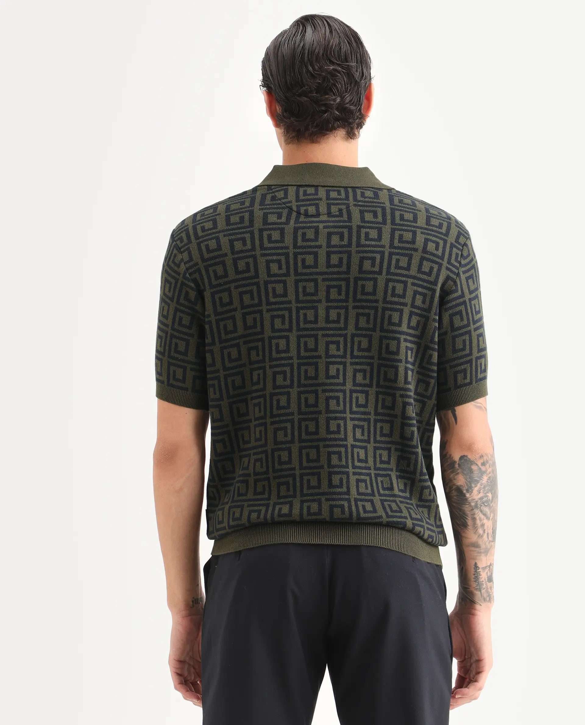 Rare Rabbit Men's Bennett Pastel Navy Cotton Fabric Half Sleeve Regular Fit Geometric Print Polo