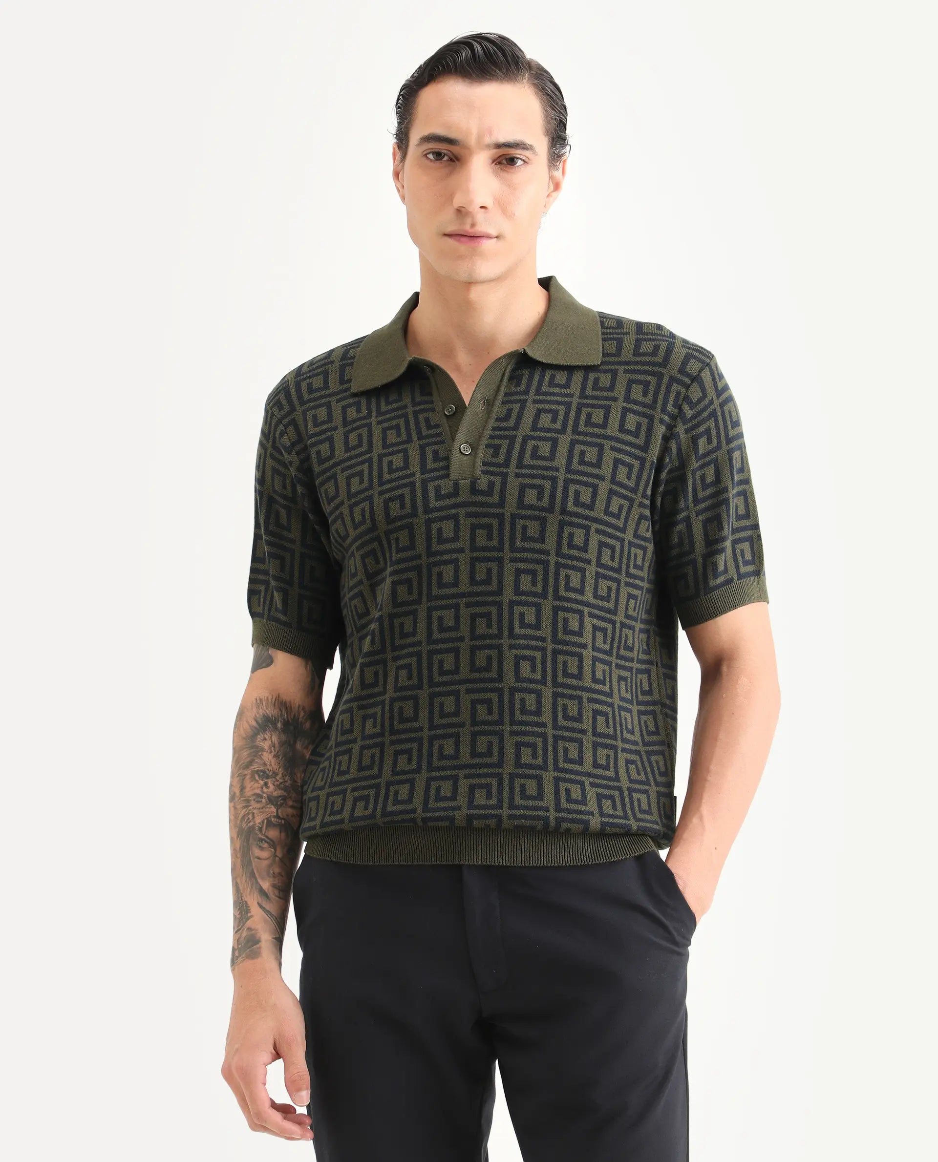 Rare Rabbit Men's Bennett Pastel Navy Cotton Fabric Half Sleeve Regular Fit Geometric Print Polo