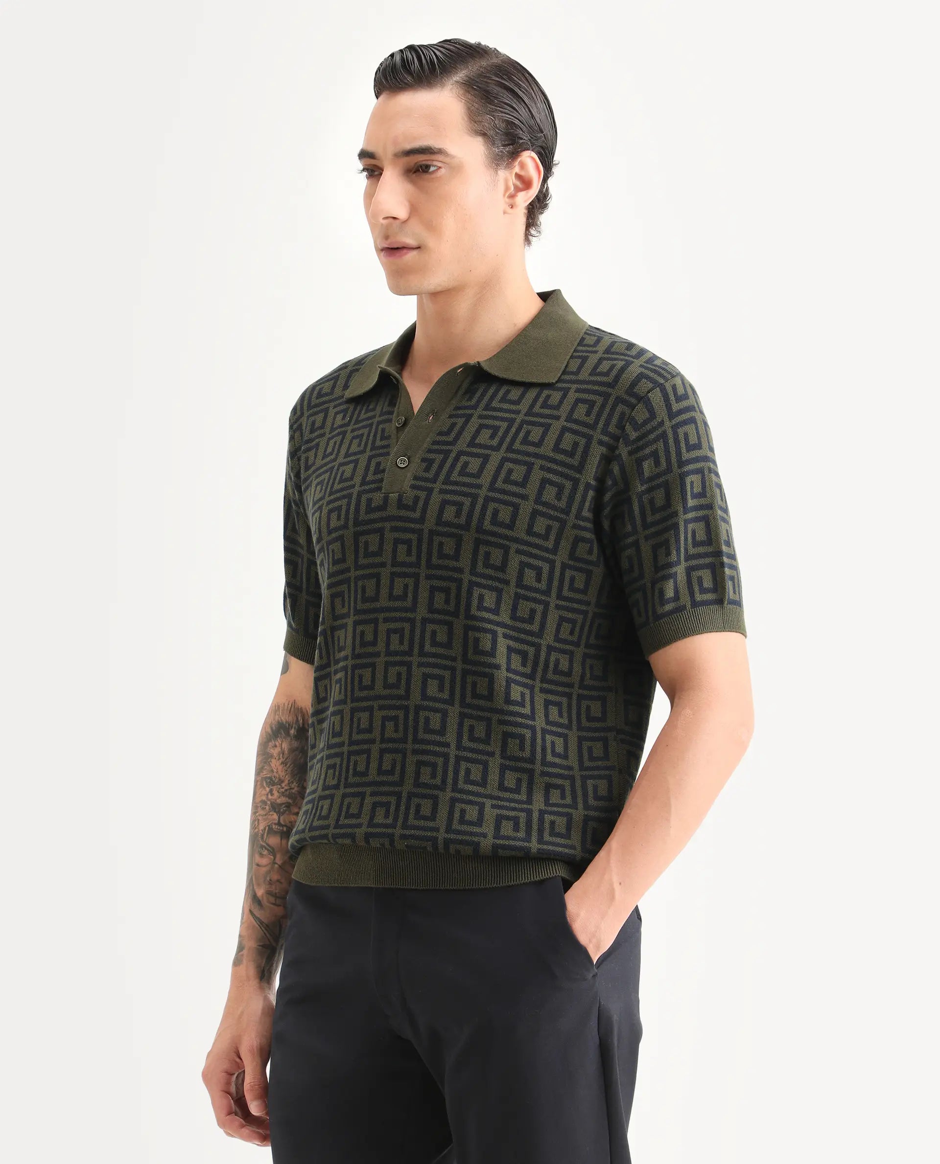 Rare Rabbit Men's Bennett Pastel Navy Cotton Fabric Half Sleeve Regular Fit Geometric Print Polo