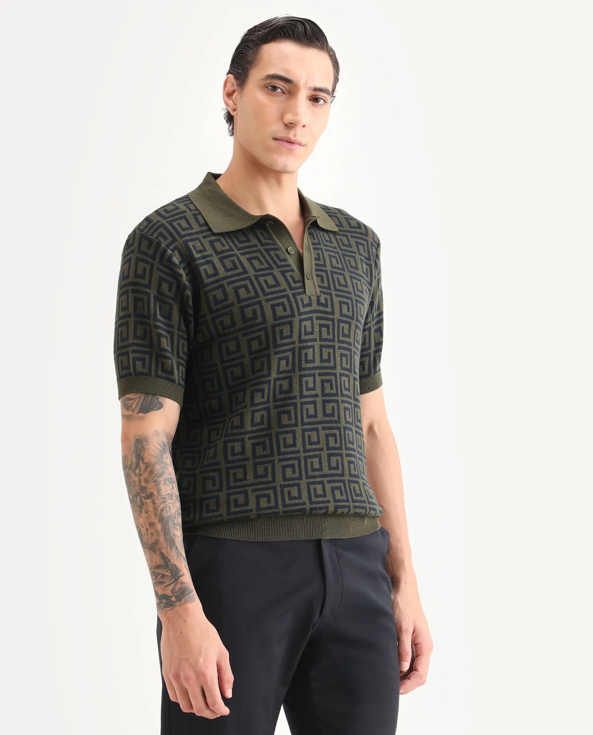 Rare Rabbit Men's Bennett Pastel Navy Cotton Fabric Half Sleeve Regular Fit Geometric Print Polo