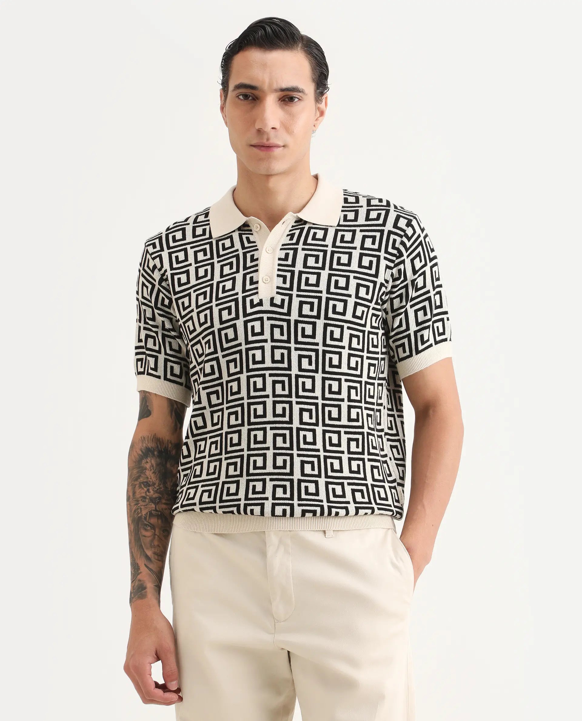Rare Rabbit Men's Bennett Pastel Off White Cotton Fabric Half Sleeve Regular Fit Geometric Print Polo