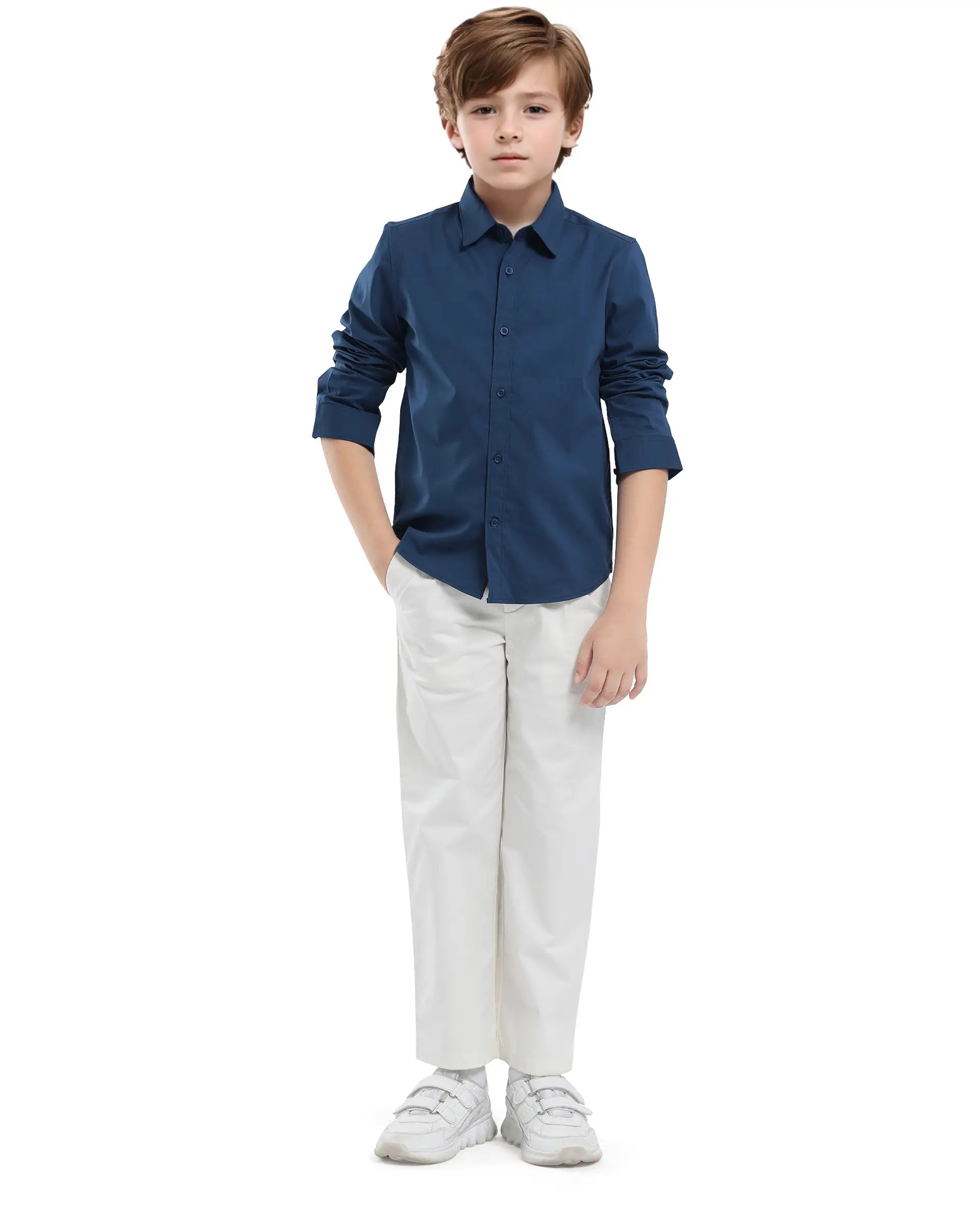 Rare Ones Kids Beno Blue Cotton Blend Full Sleeve Button Solid Regular Fit Shirt