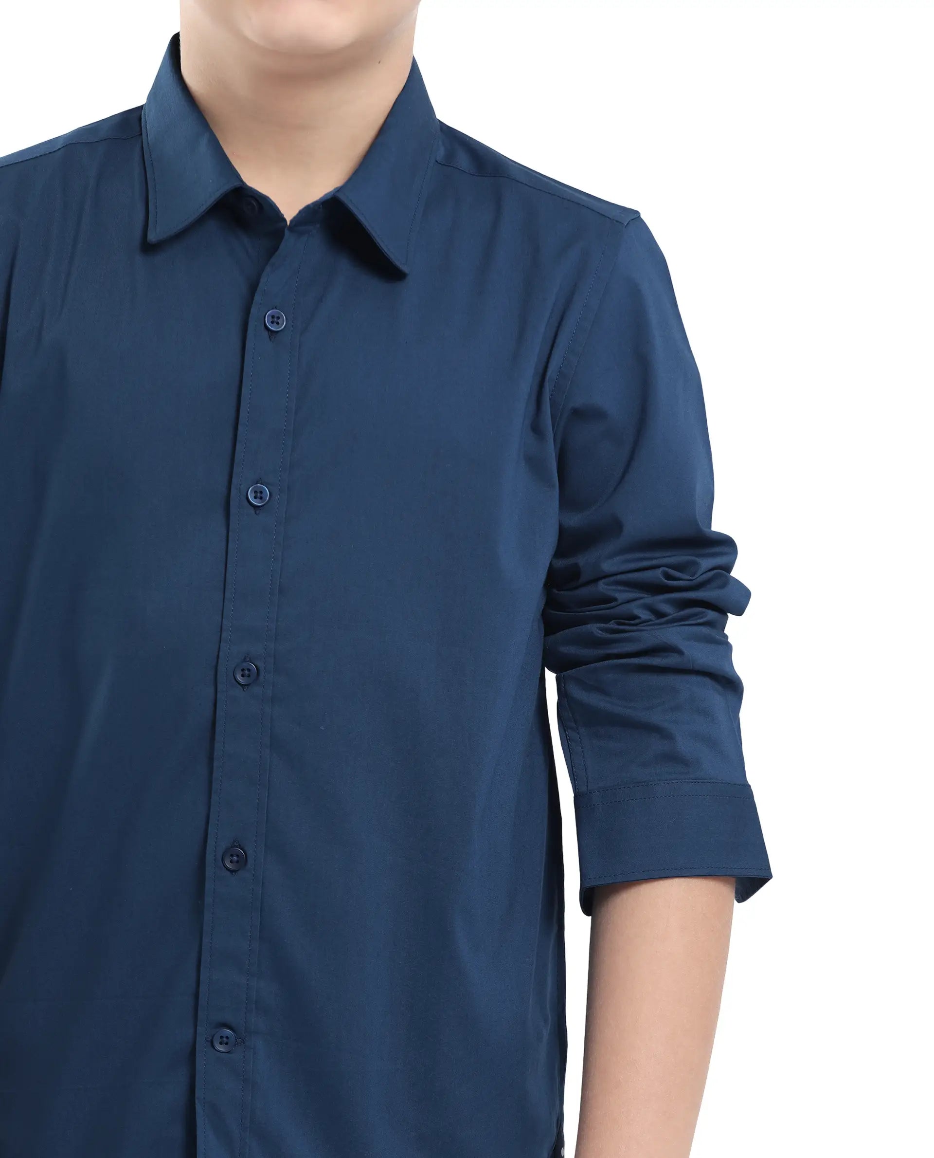 Rare Ones Kids Beno Blue Cotton Blend Full Sleeve Button Solid Regular Fit Shirt