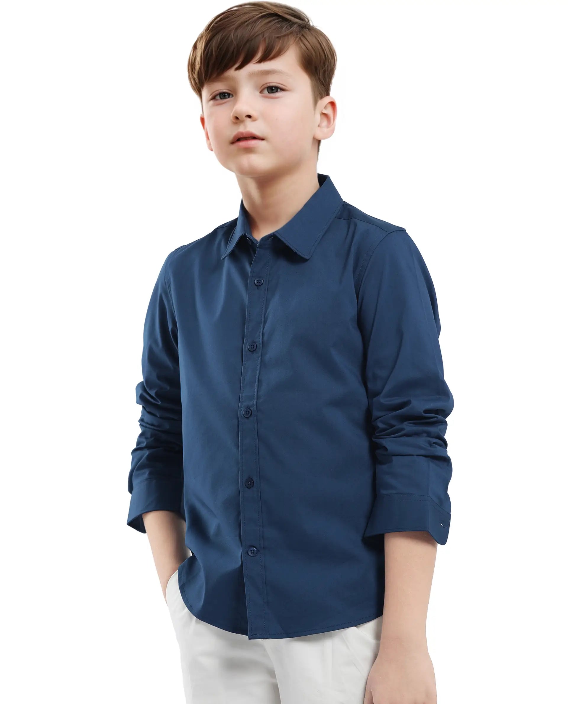Rare Ones Kids Beno Blue Cotton Blend Full Sleeve Button Solid Regular Fit Shirt