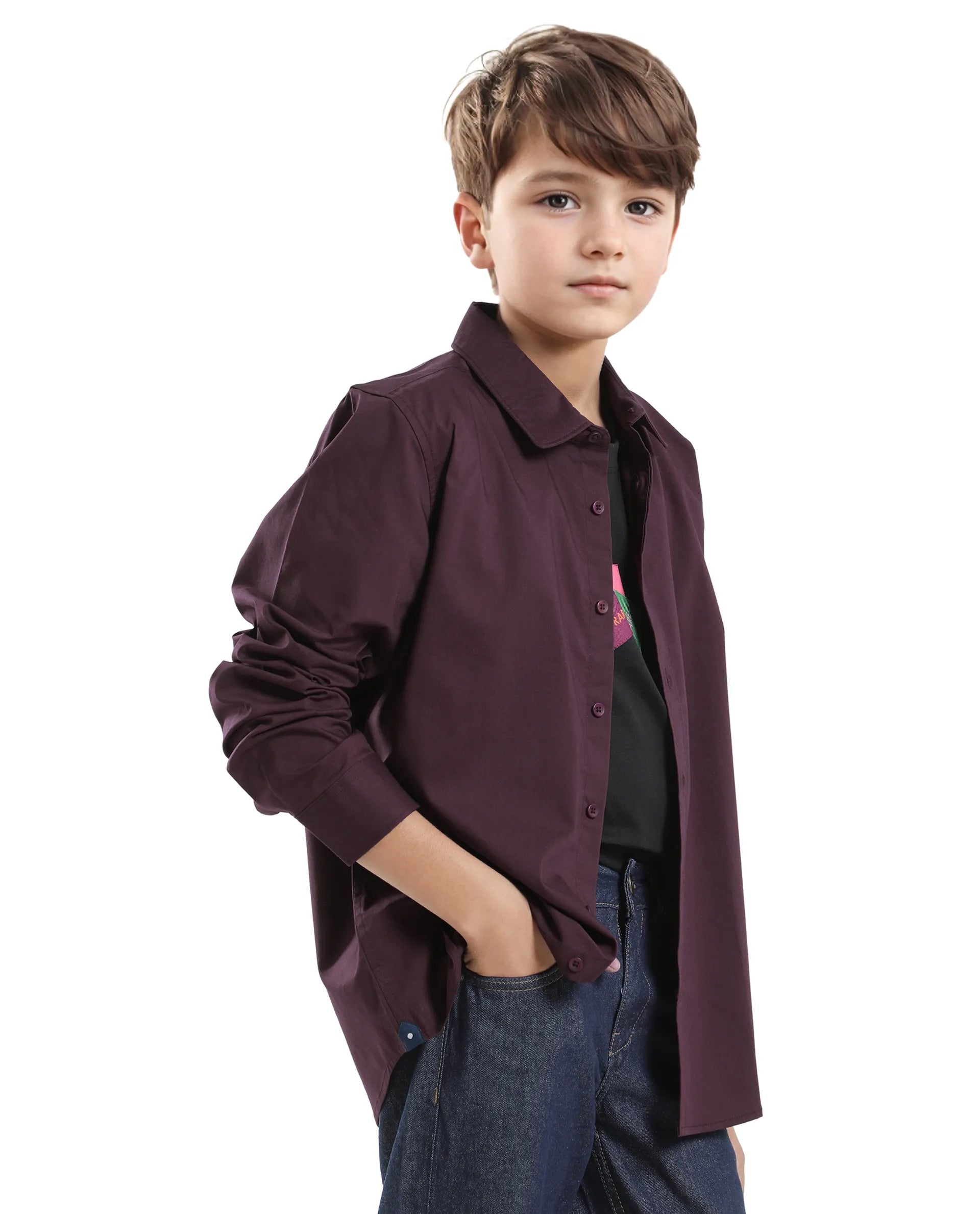 Rare Ones Kids Beno Maroon Cotton Blend Full Sleeve Button Solid Regular Fit Shirt