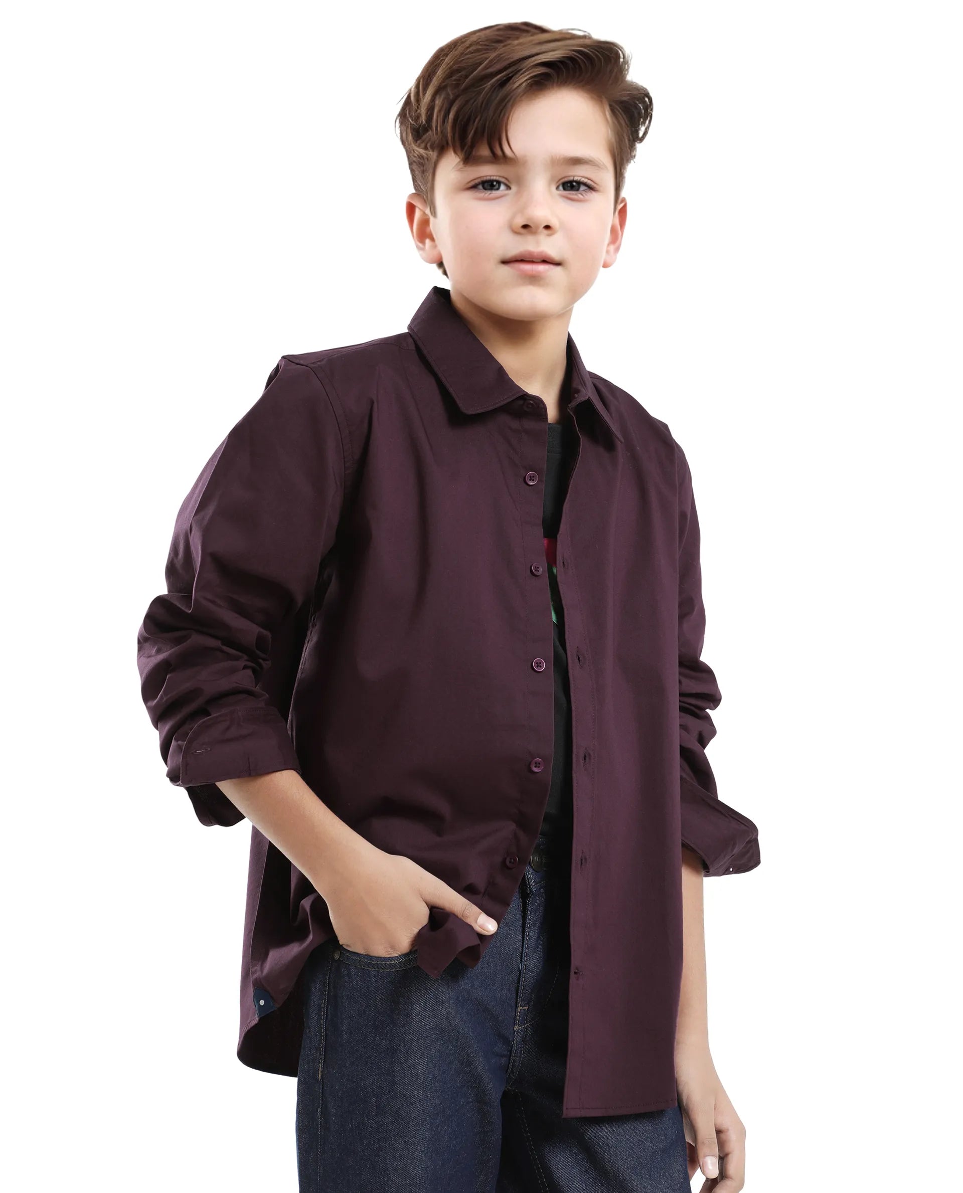 Rare Ones Kids Beno Maroon Cotton Blend Full Sleeve Button Solid Regular Fit Shirt