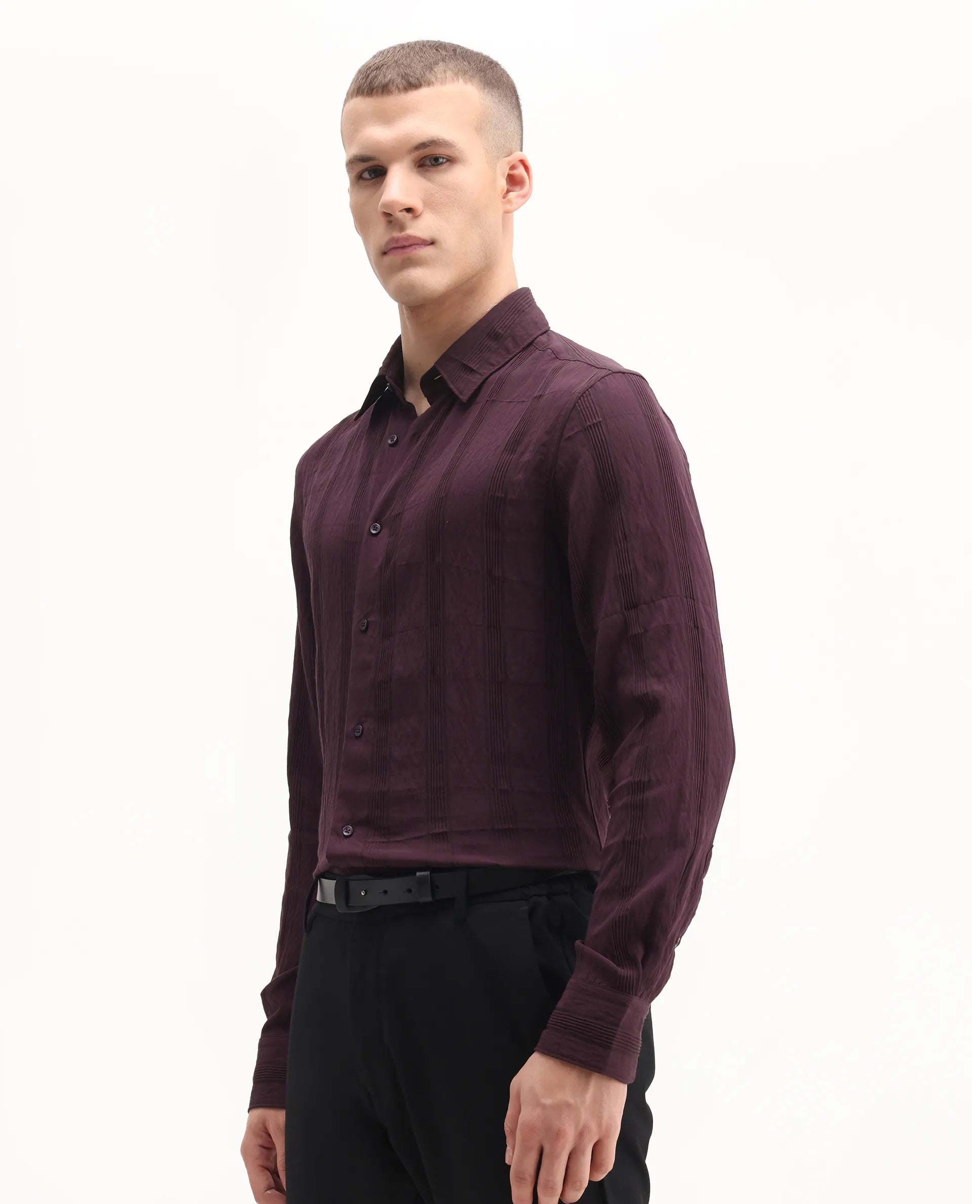 Rare Rabbit Men's Benon-25 Dark Maroon Viscose Blend Striped Print Regular Fit Full Sleeve Spread Collar Shirt