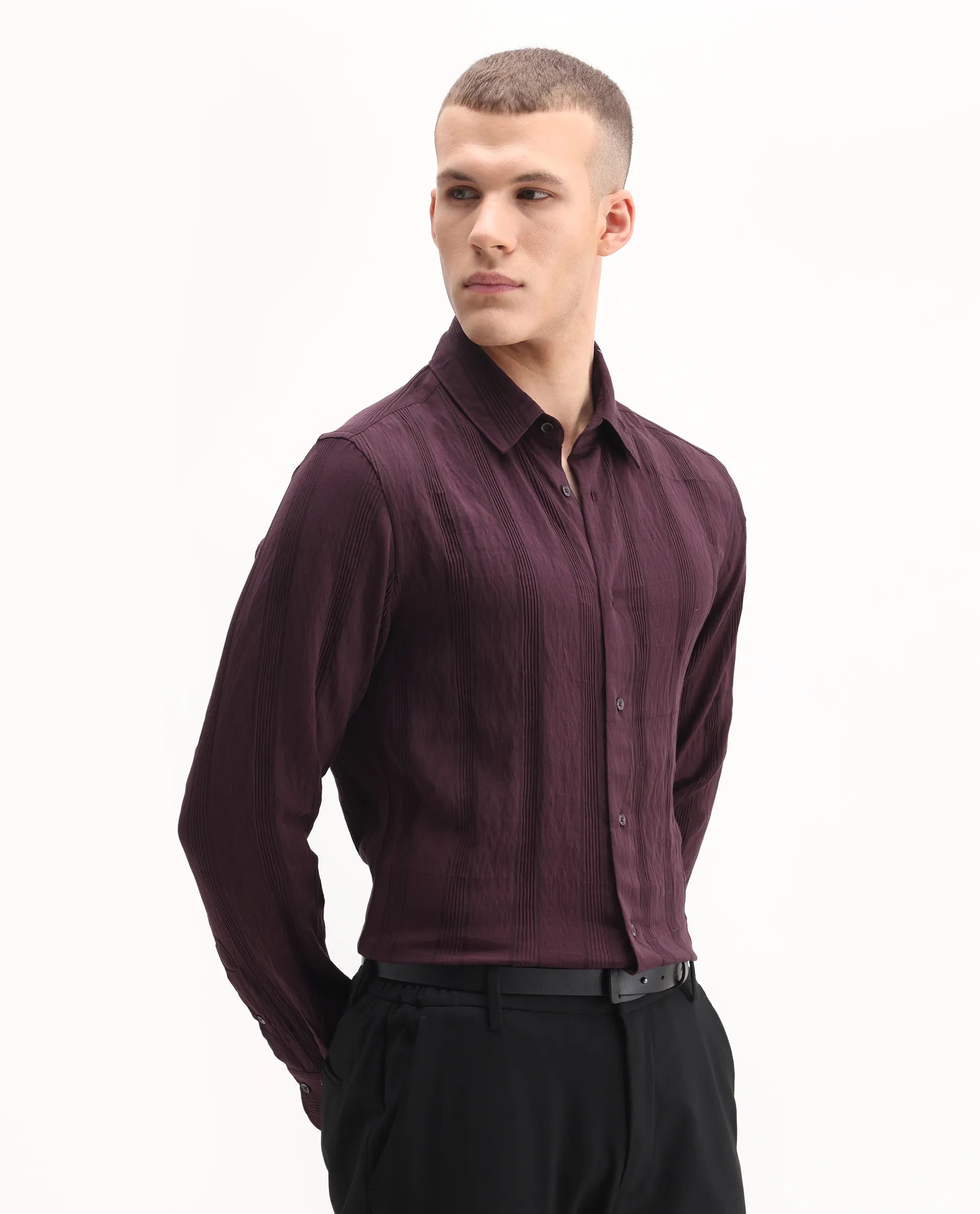 Rare Rabbit Men's Benon-25 Dark Maroon Viscose Blend Striped Print Regular Fit Full Sleeve Spread Collar Shirt