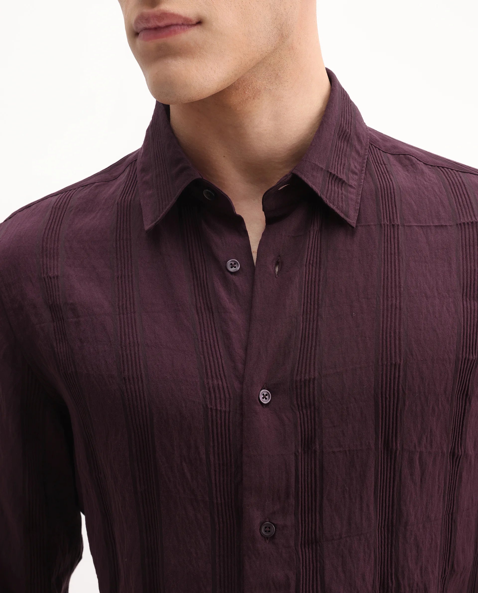 Rare Rabbit Men's Benon-25 Dark Maroon Viscose Blend Striped Print Regular Fit Full Sleeve Spread Collar Shirt