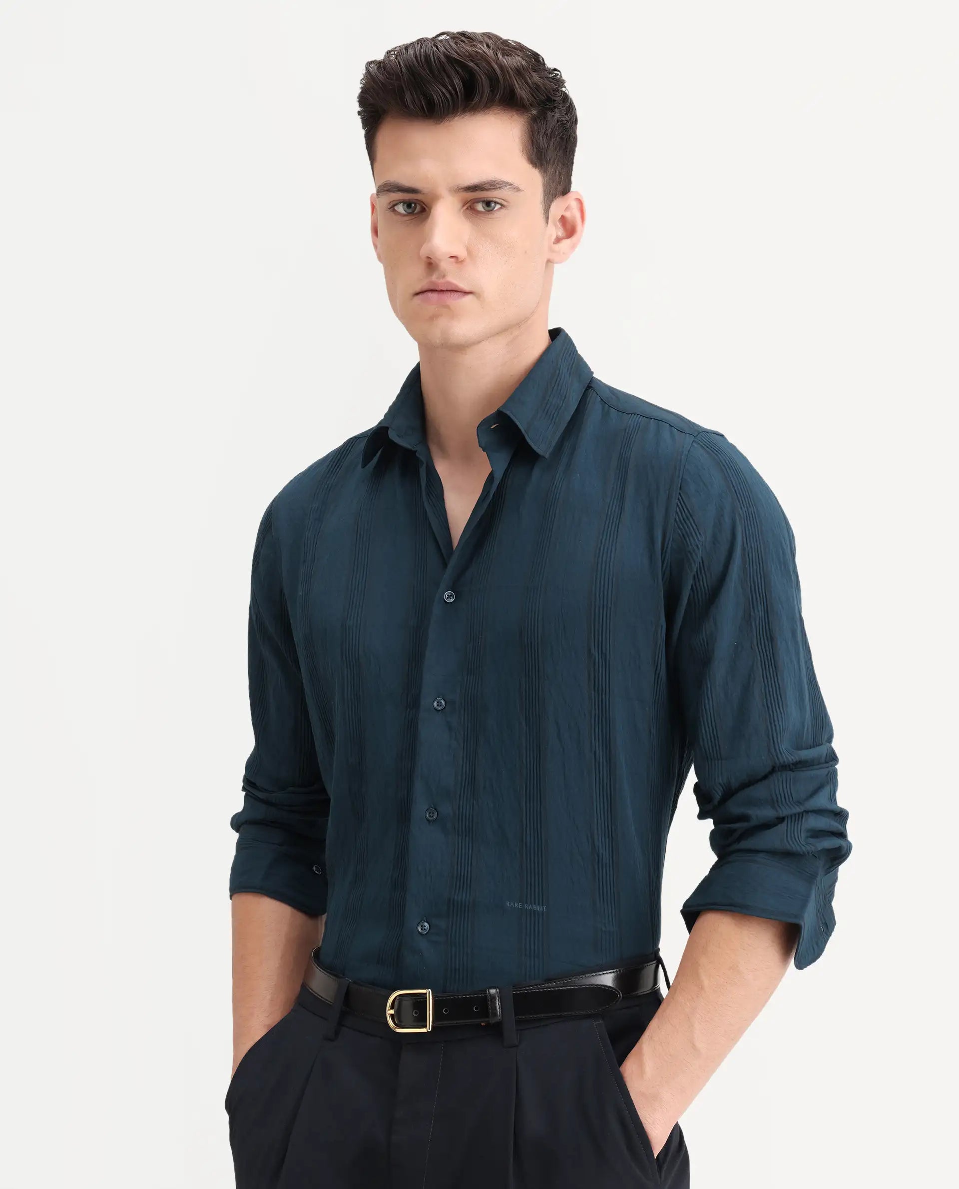 Rare Rabbit Men's Benon-25 Dark Teal Viscose Blend Striped Print Regular Fit Full Sleeve Spread Collar Shirt
