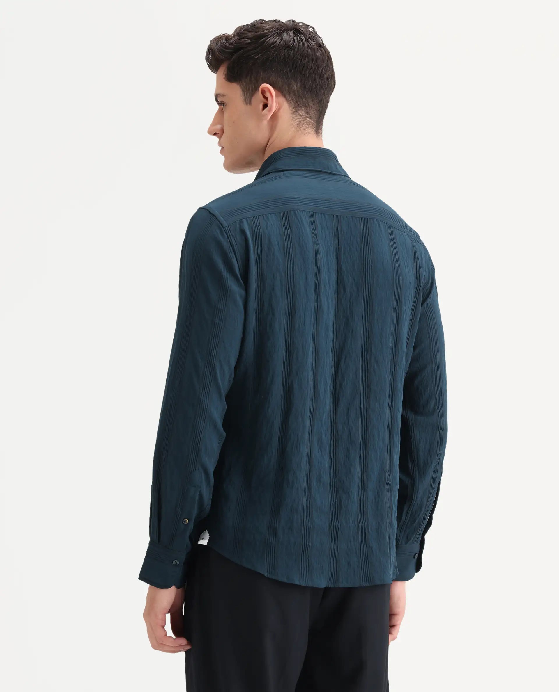 Rare Rabbit Men's Benon-25 Dark Teal Viscose Blend Striped Print Regular Fit Full Sleeve Spread Collar Shirt