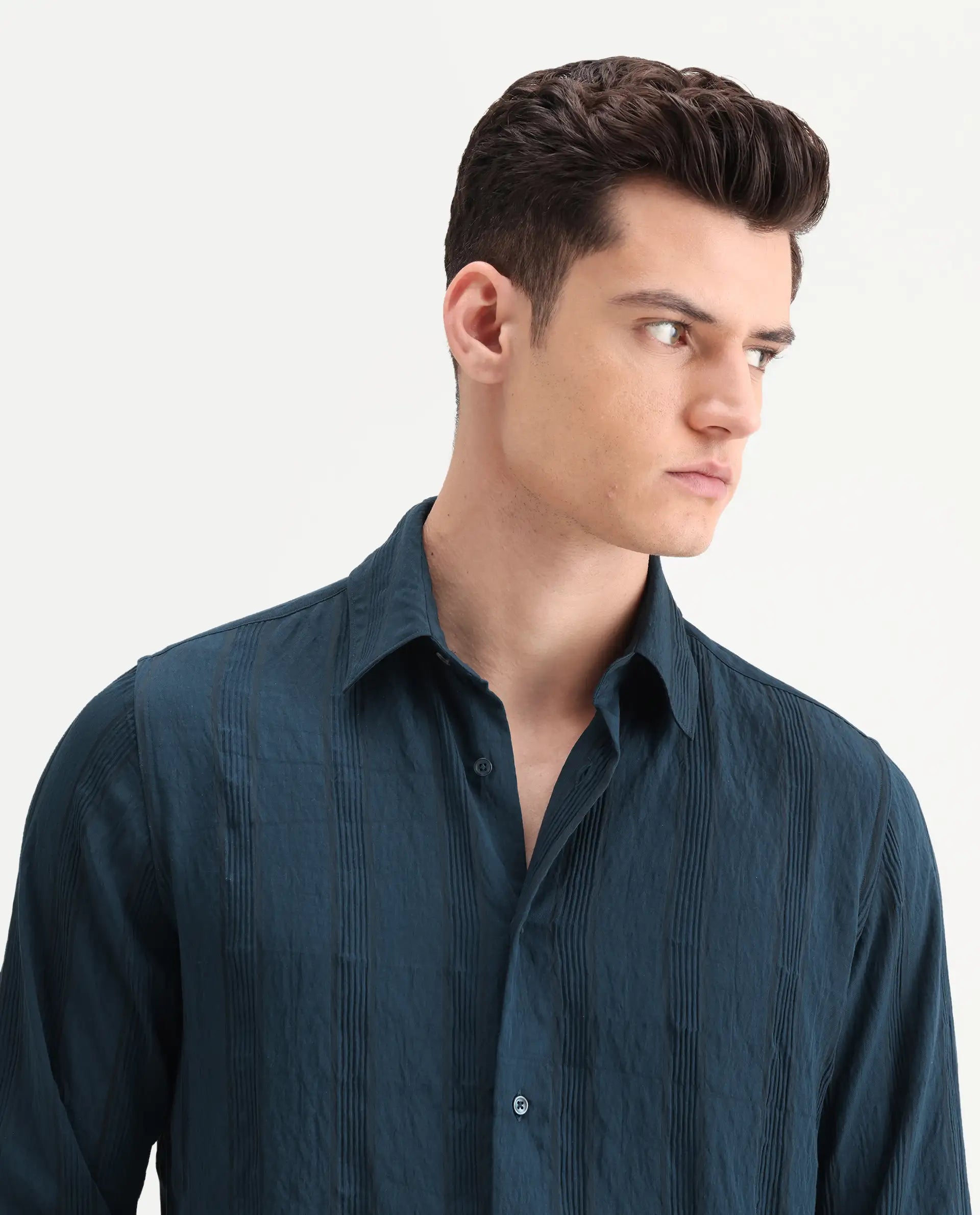 Rare Rabbit Men's Benon-25 Dark Teal Viscose Blend Striped Print Regular Fit Full Sleeve Spread Collar Shirt
