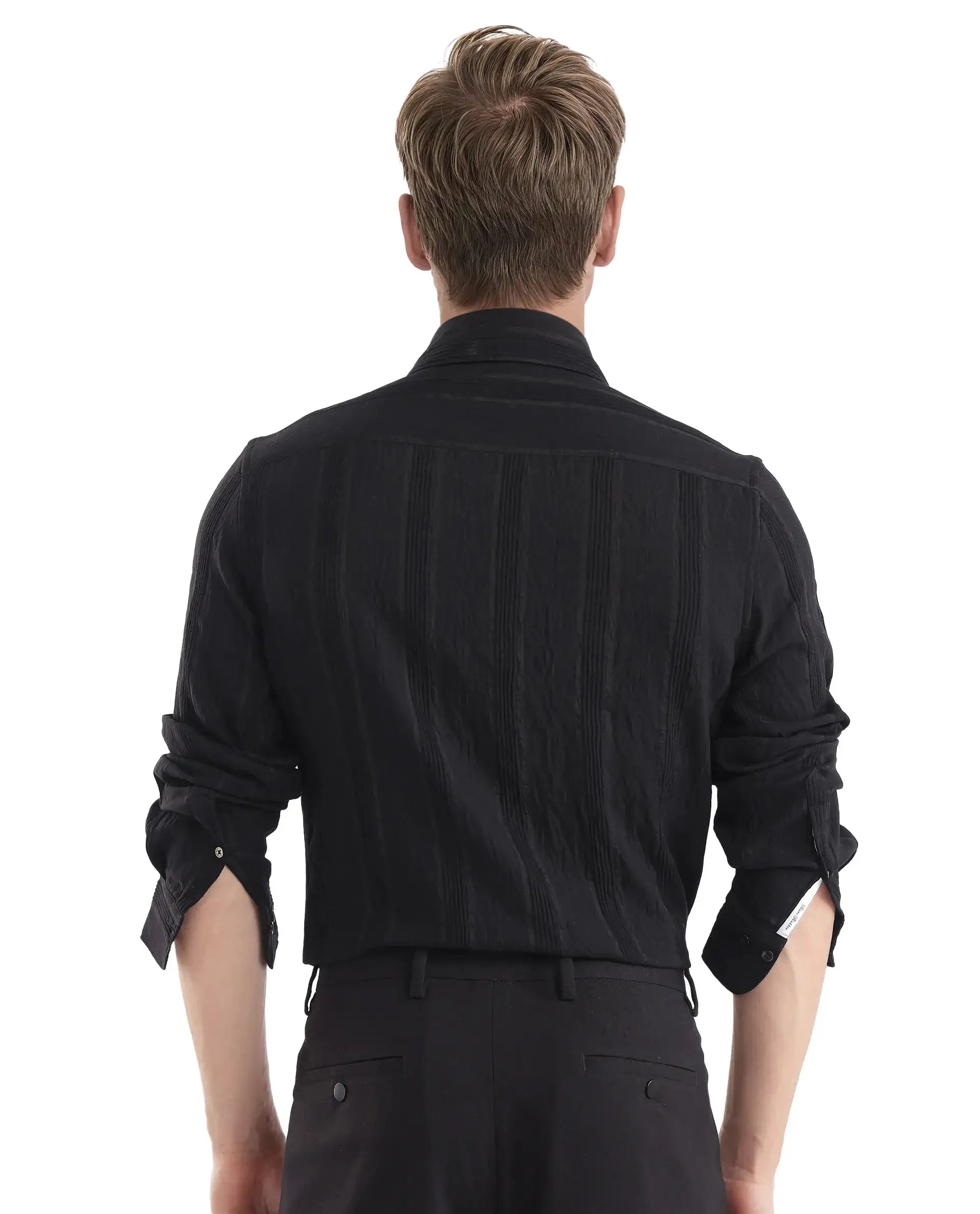 Rare Rabbit Men's Benon Black Viscose Blend Striped Print Regular Fit Full Sleeve Collared Shirt