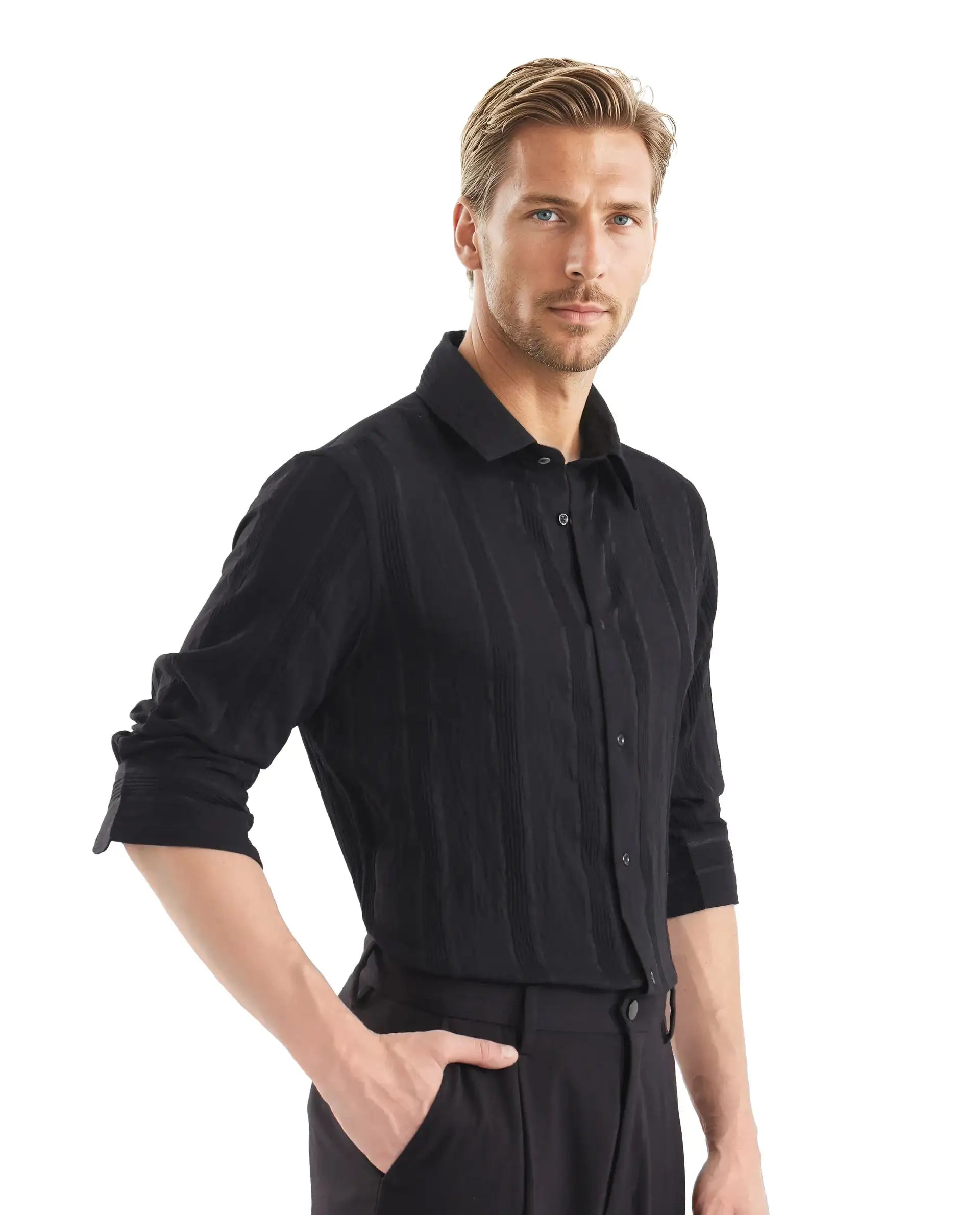 Rare Rabbit Men's Benon Black Viscose Blend Striped Print Regular Fit Full Sleeve Collared Shirt