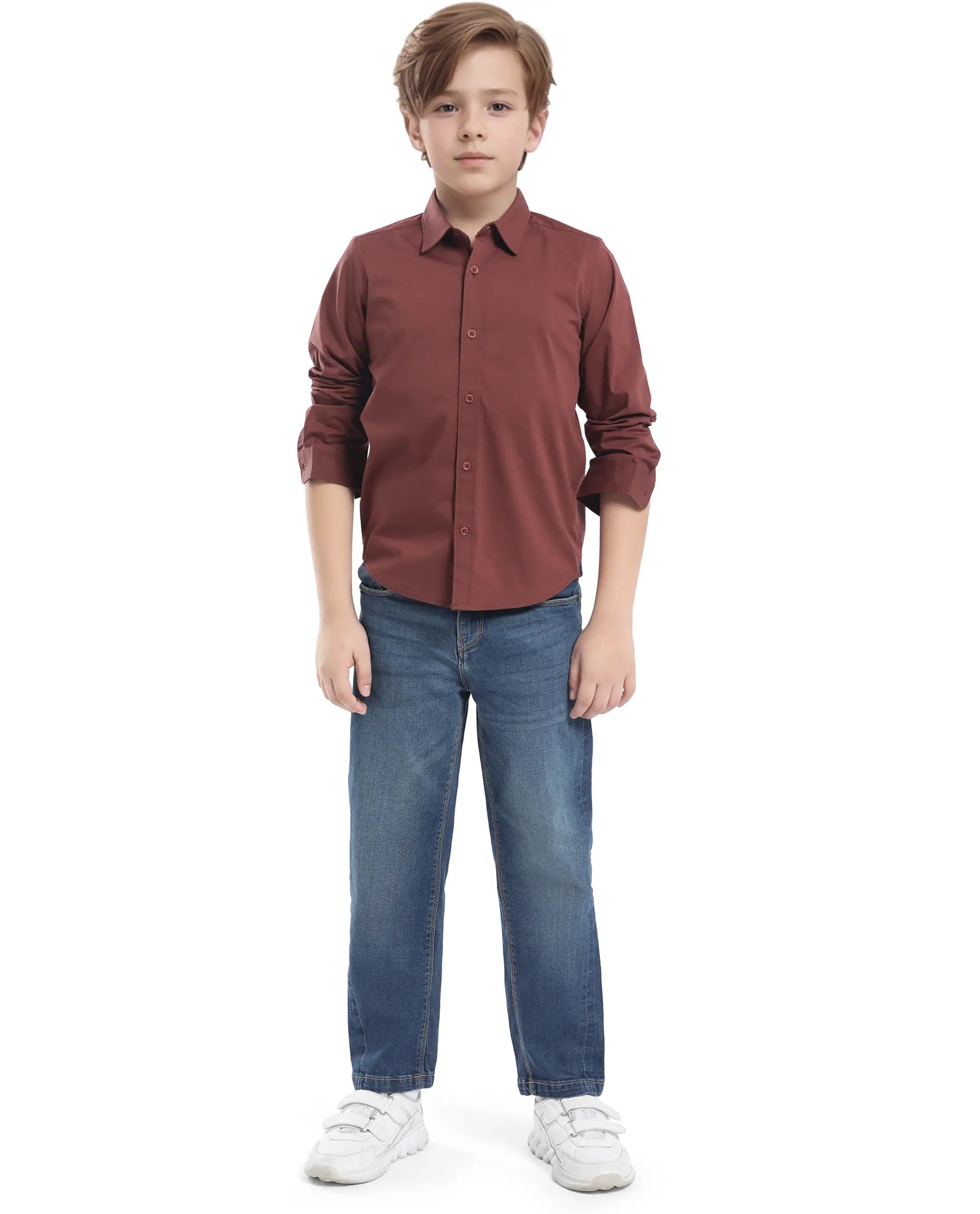 Rare Ones Kids Beno Rust Cotton Blend Full Sleeve Button Solid Regular Fit Shirt