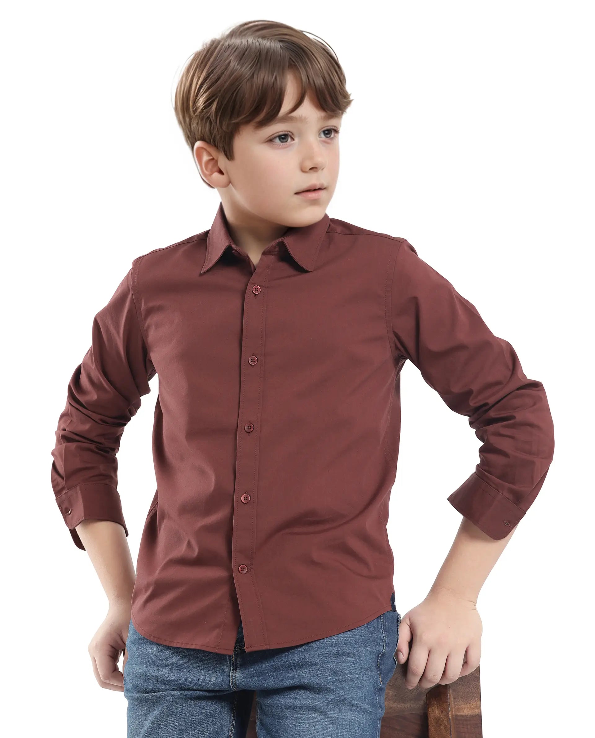 Rare Ones Kids Beno Rust Cotton Blend Full Sleeve Button Solid Regular Fit Shirt