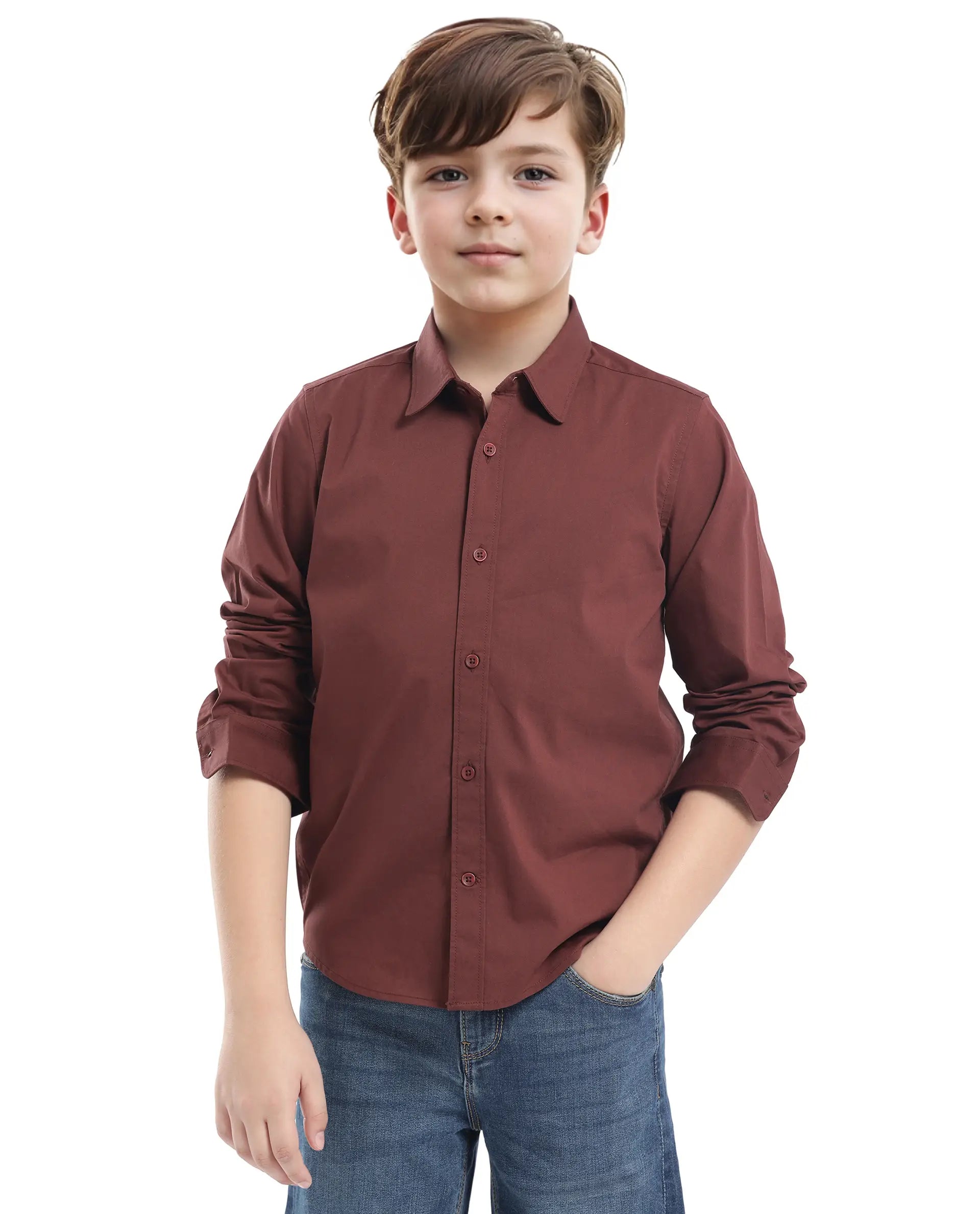Rare Ones Kids Beno Rust Cotton Blend Full Sleeve Button Solid Regular Fit Shirt