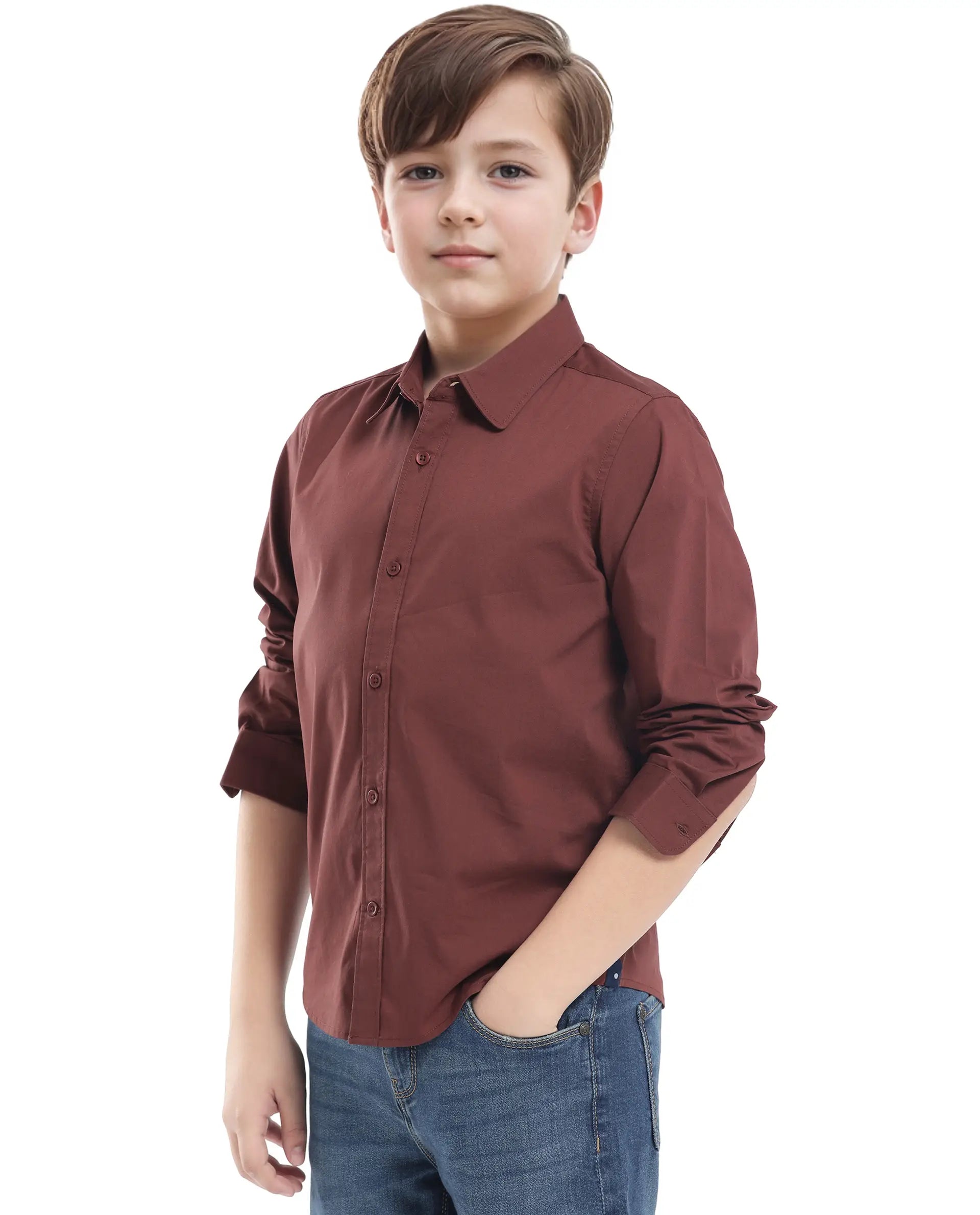Rare Ones Kids Beno Rust Cotton Blend Full Sleeve Button Solid Regular Fit Shirt