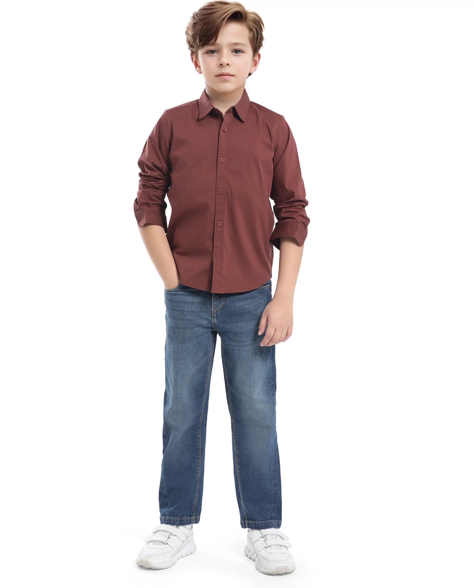 Rare Ones Kids Beno Rust Cotton Blend Full Sleeve Button Solid Regular Fit Shirt