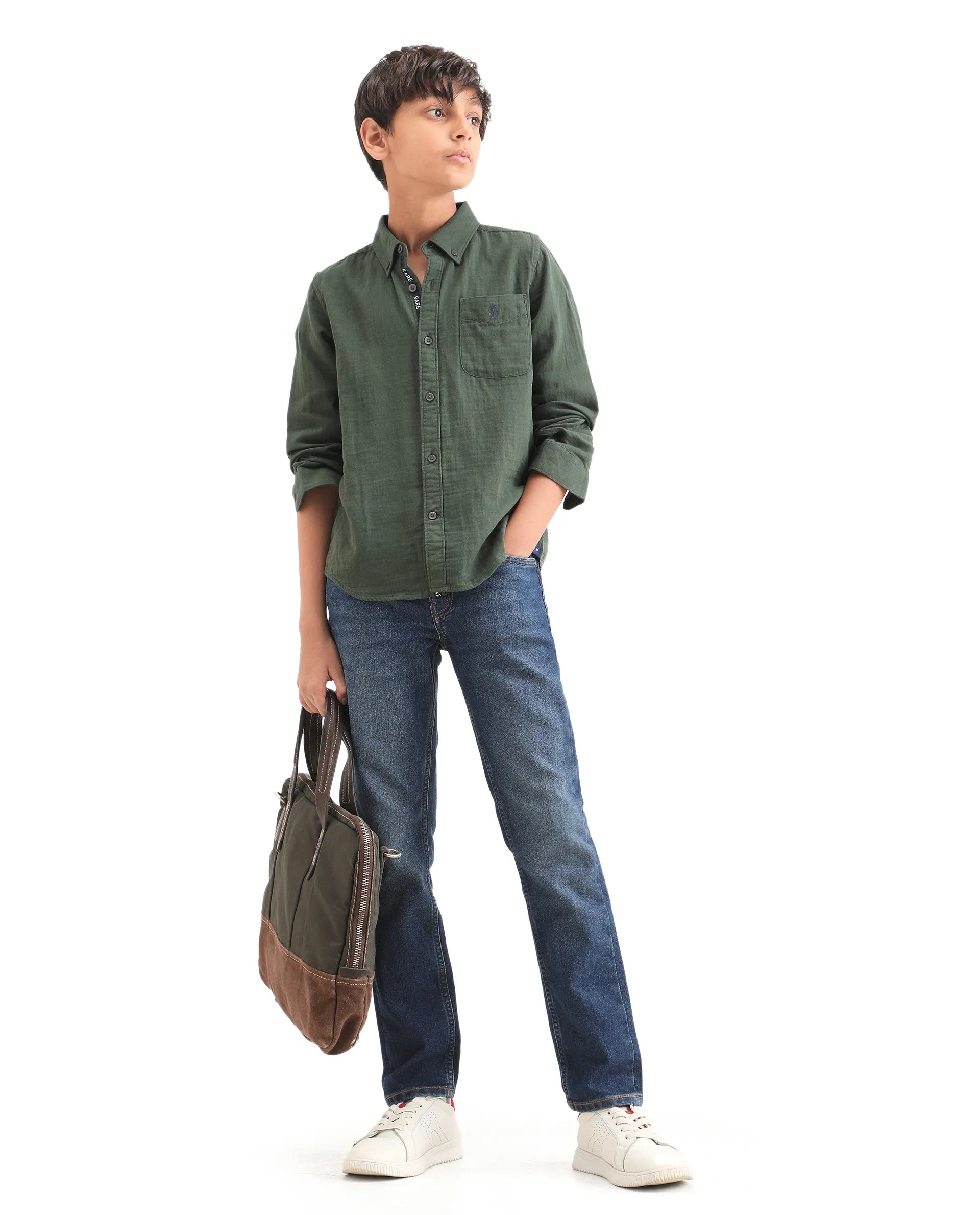 Rare Ones Kids Benos Blue Cotton Button And Zipper Closure Plain Slim Fit Jeans