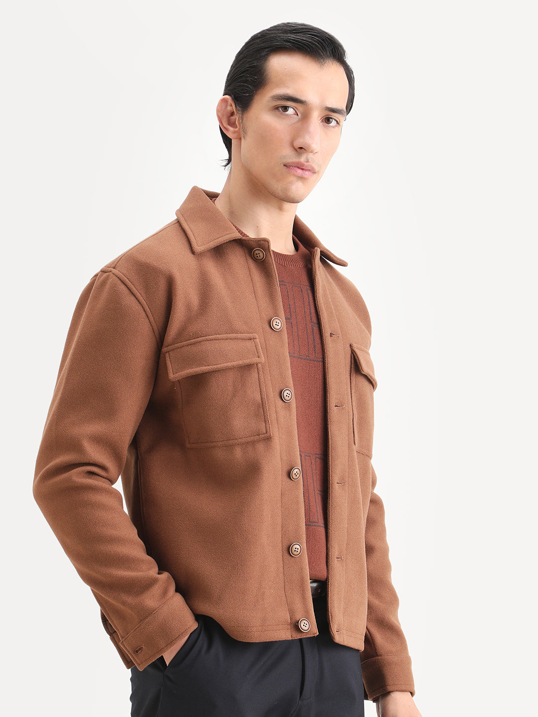 Rare Rabbit Men's Bensko Brown Polyester Fabric Spread Collar Regular Fit Plain Jacket