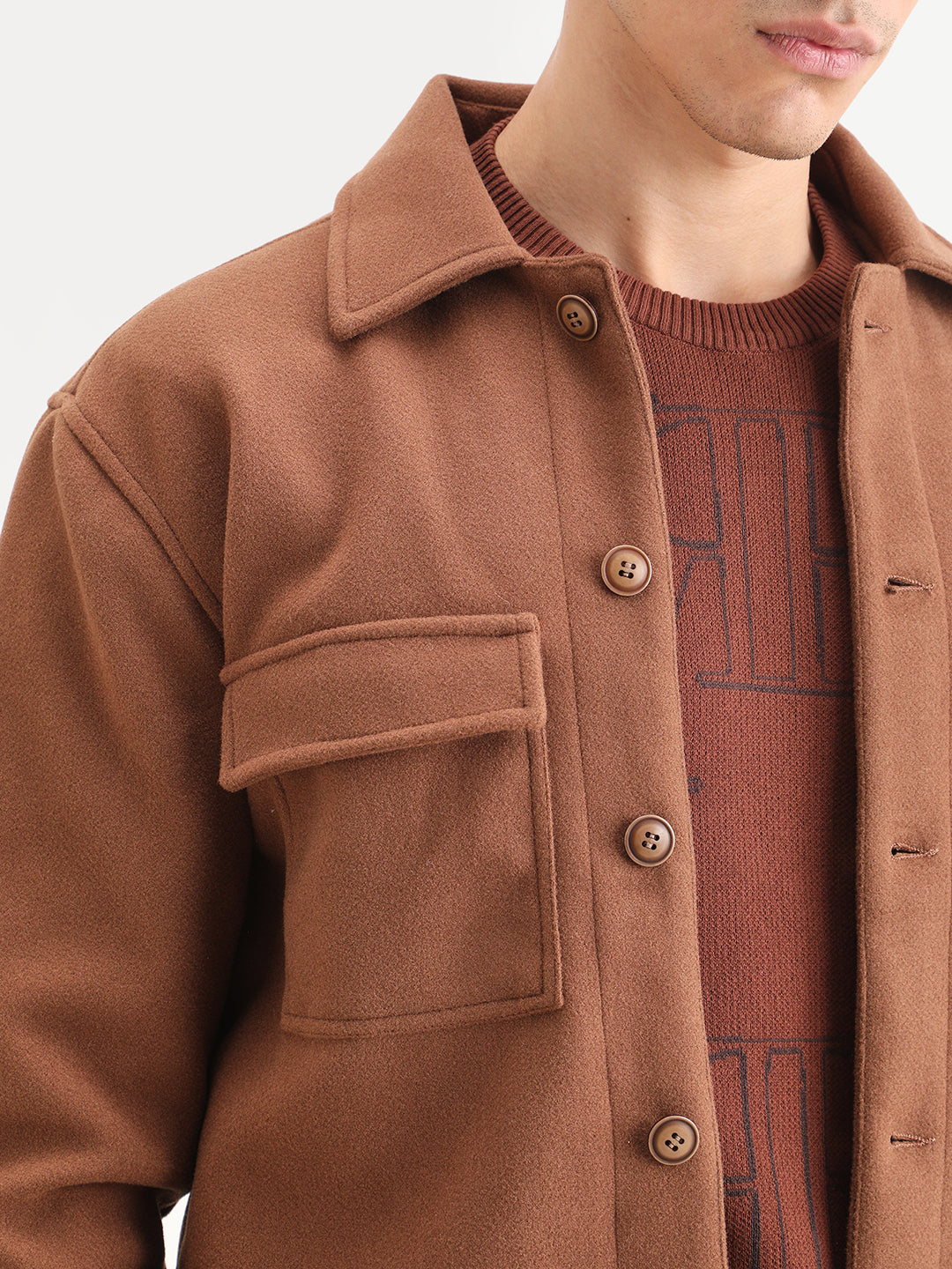 Rare Rabbit Men's Bensko Brown Polyester Fabric Spread Collar Regular Fit Plain Jacket