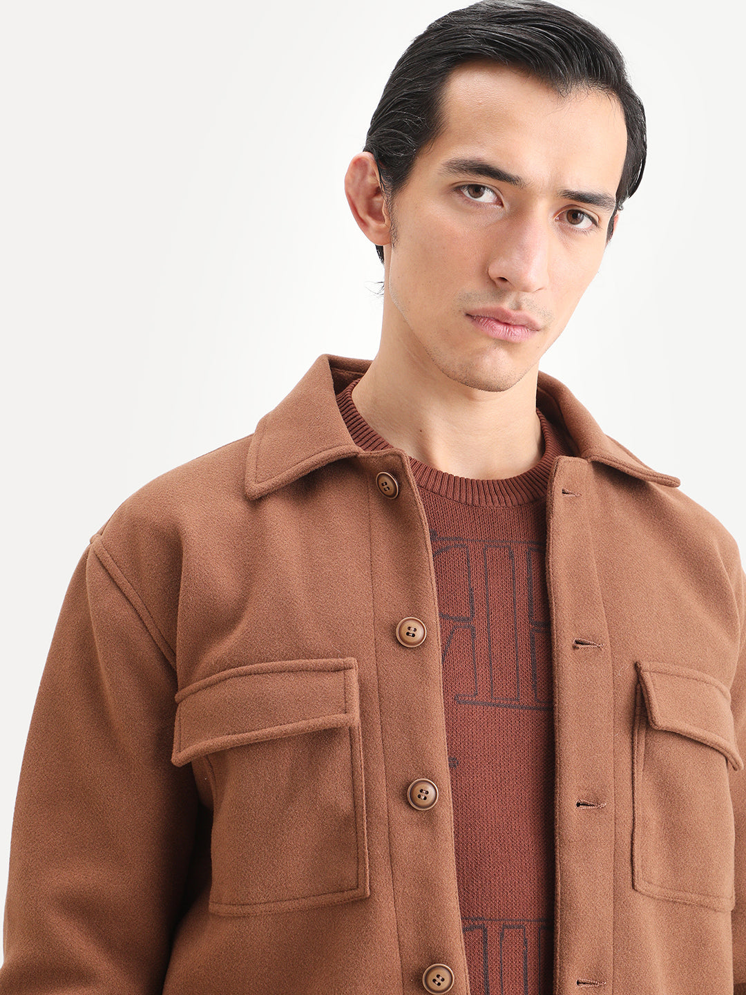 Rare Rabbit Men's Bensko Brown Polyester Fabric Spread Collar Regular Fit Plain Jacket