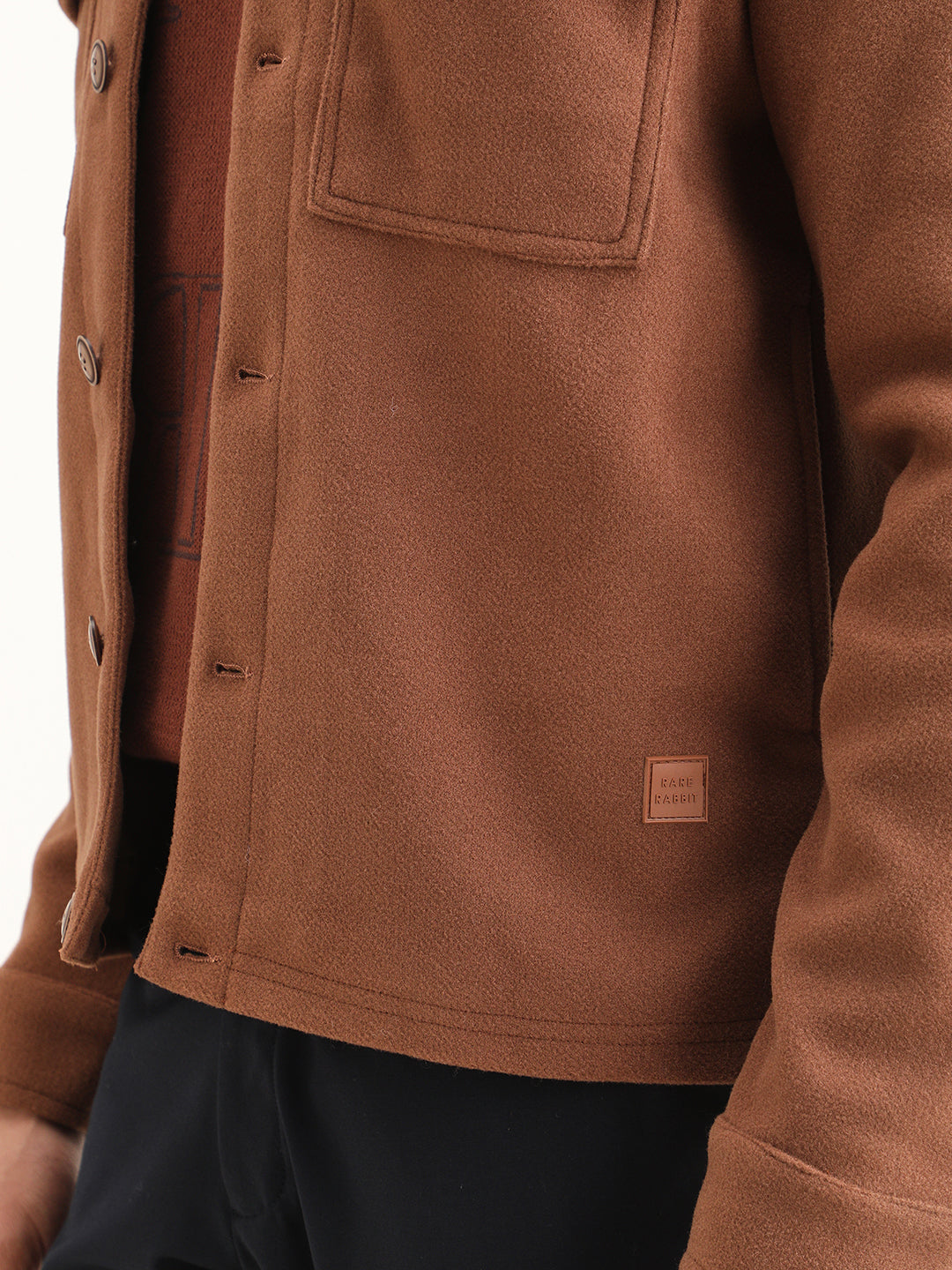 Rare Rabbit Men's Bensko Brown Polyester Fabric Spread Collar Regular Fit Plain Jacket