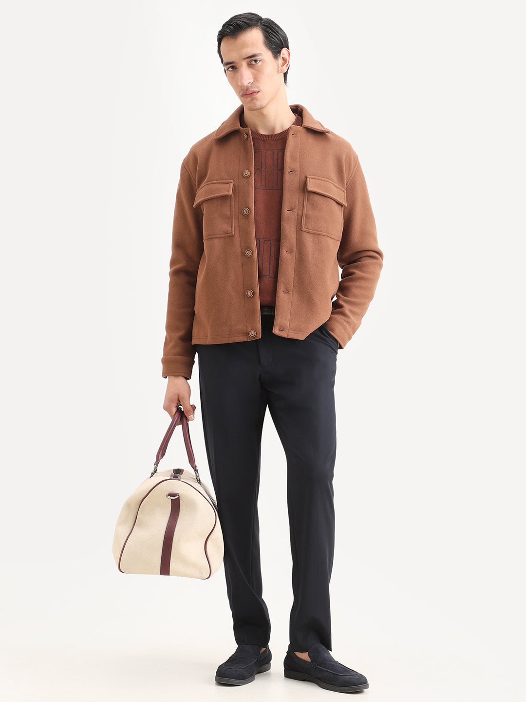 Rare Rabbit Men's Bensko Brown Polyester Fabric Spread Collar Regular Fit Plain Jacket